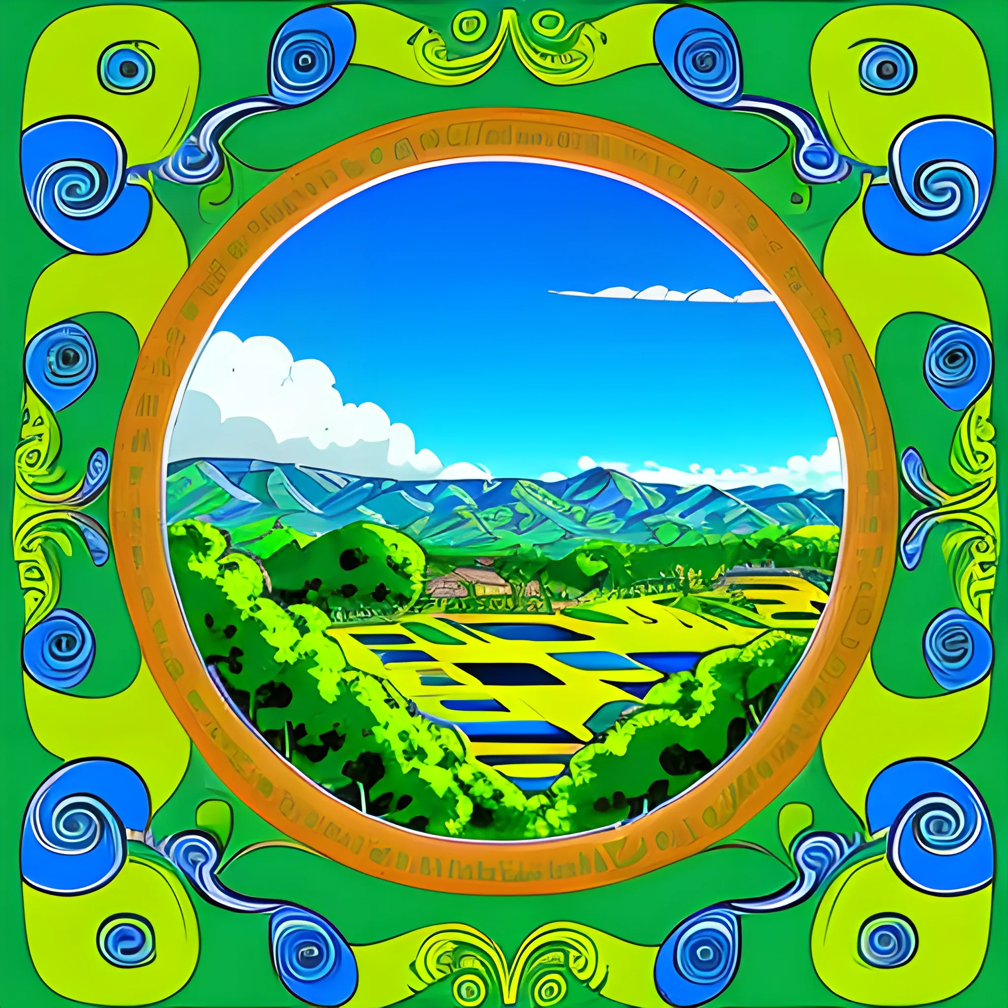 ojo, ceja, azul, verde, paisaje, dorado, cielo,, Cartoon