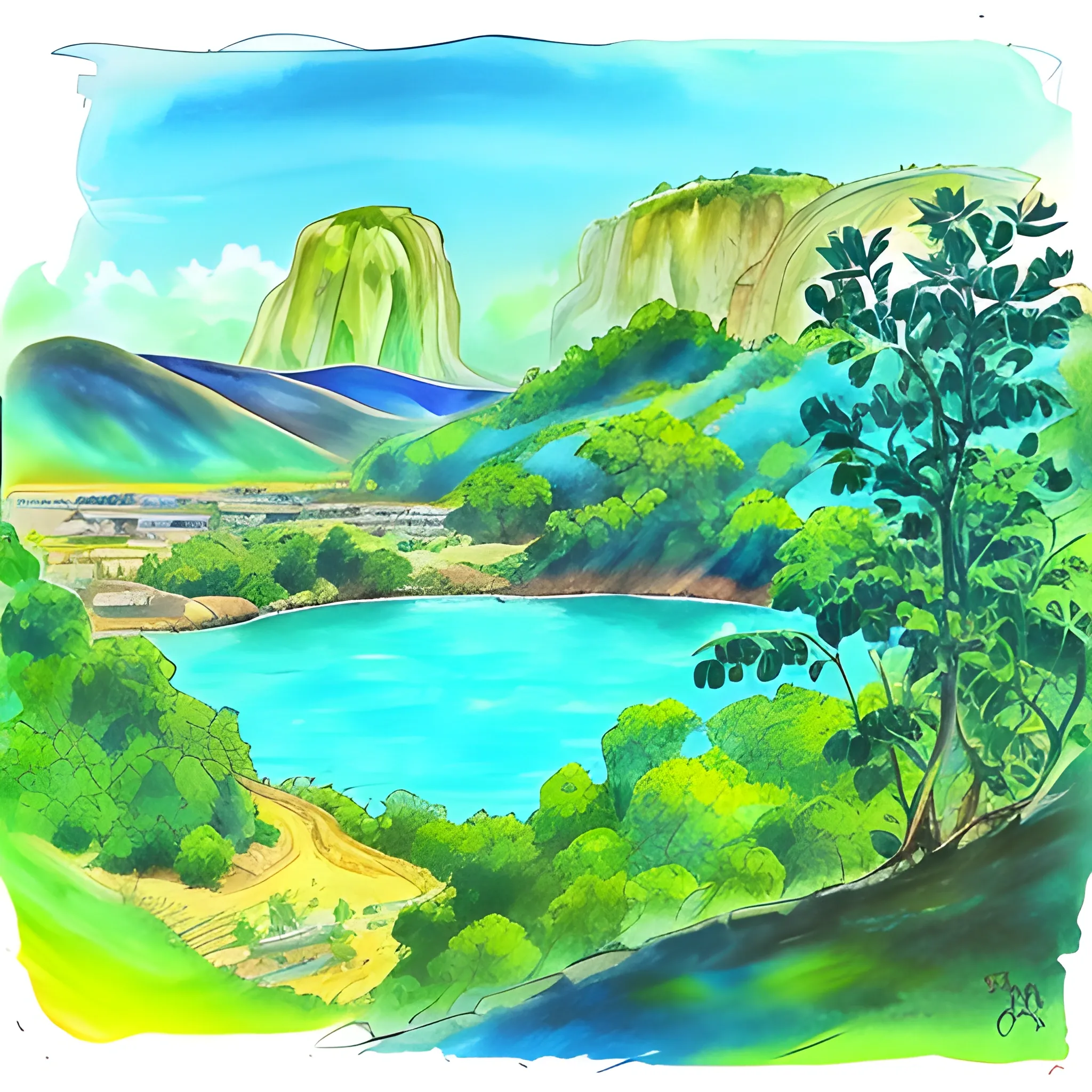 ojo, ceja, azul, verde, paisaje, dorado, cielo,, Cartoon, Water Color