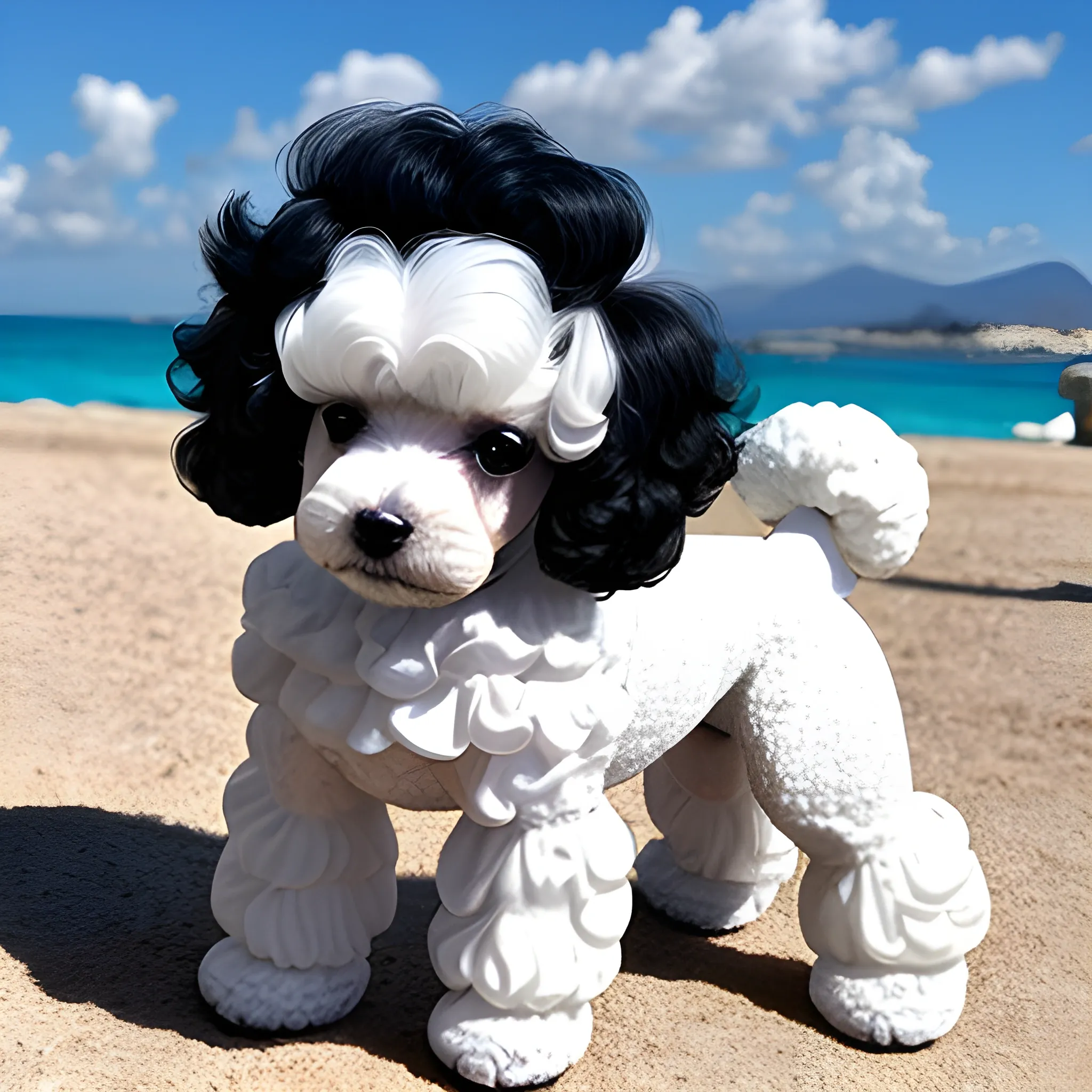 haz un french poodle blanco con negro en el paraiso