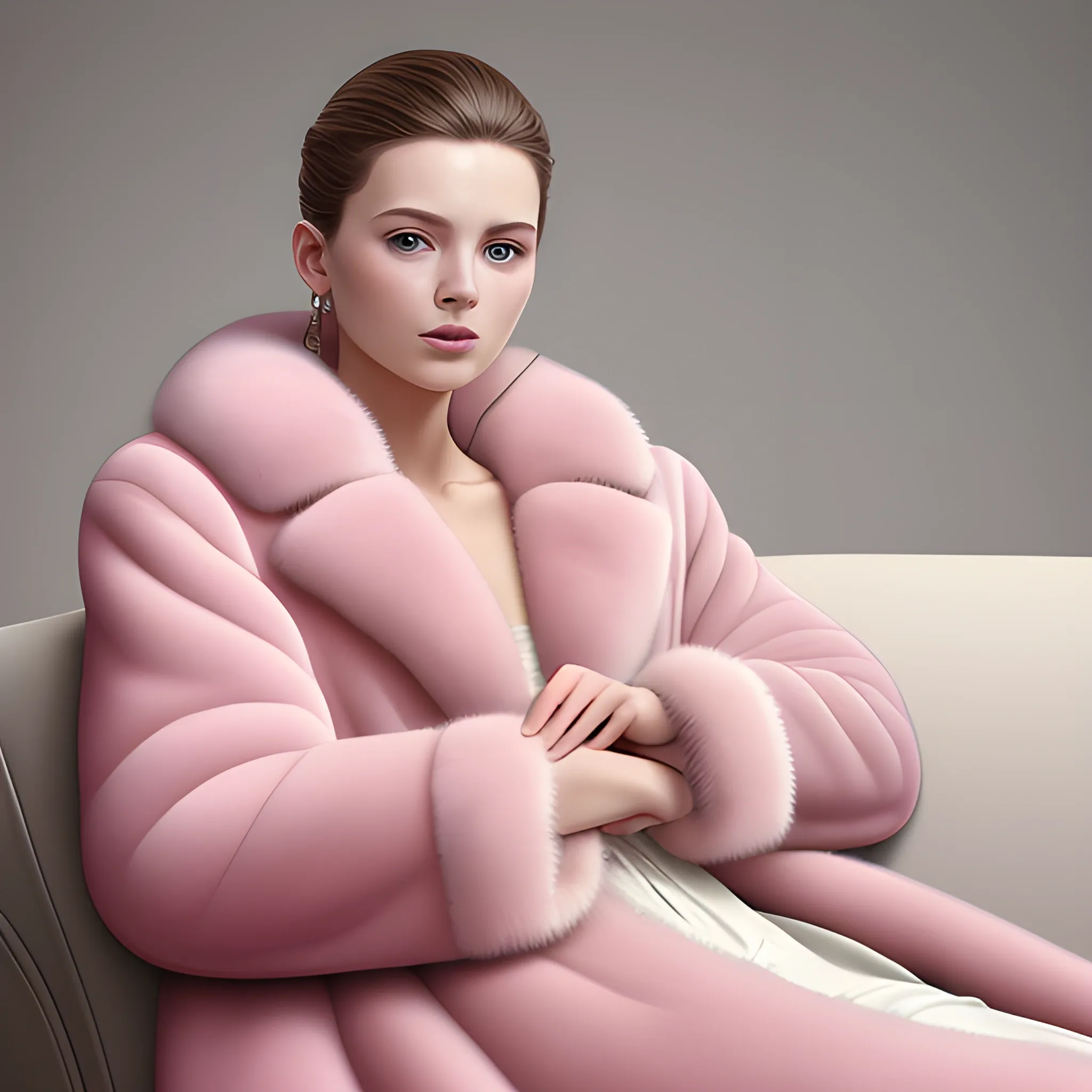 best quality, masterpiece, ultra high res, photorealistic, detailed skin, pink fur coat, lounging