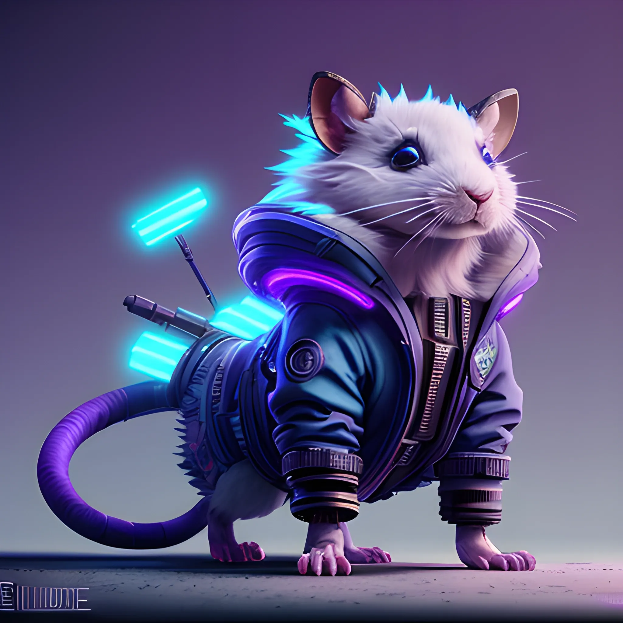 a beautiful full body of a cute cyberpunk fluffy male rat with bioluminescent fur and bioluminescent tail, industrial background, by sandra chevrier and greg rutkowski and wlop, purple blue color scheme, vaporware, retro, outrun, high key lighting, volumetric light, digital art, highly detailed, fine detail, intricate, ornate, complex, octane render, unreal engine, photorealistic , Trippy