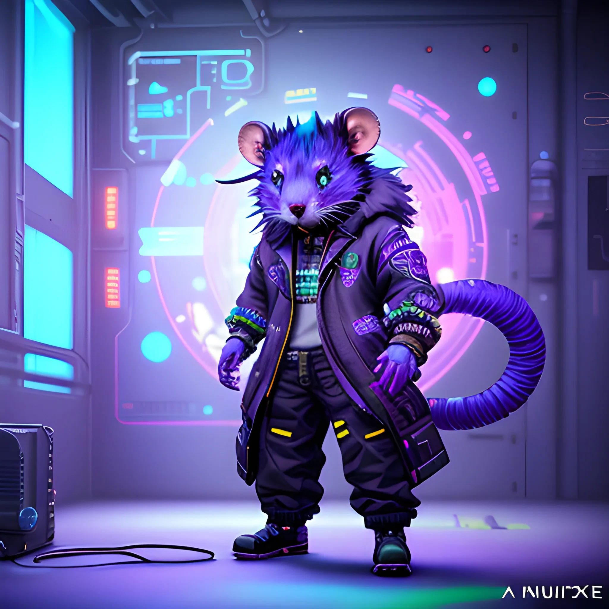 a beautiful full body of a cute cyberpunk fluffy male rat with bioluminescent fur and bioluminescent tail, industrial background, by sandra chevrier and greg rutkowski and wlop, purple blue color scheme, vaporware, retro, outrun, high key lighting, volumetric light, digital art, highly detailed, fine detail, intricate, ornate, complex, octane render, unreal engine, photorealistic , Trippy,Playing games,