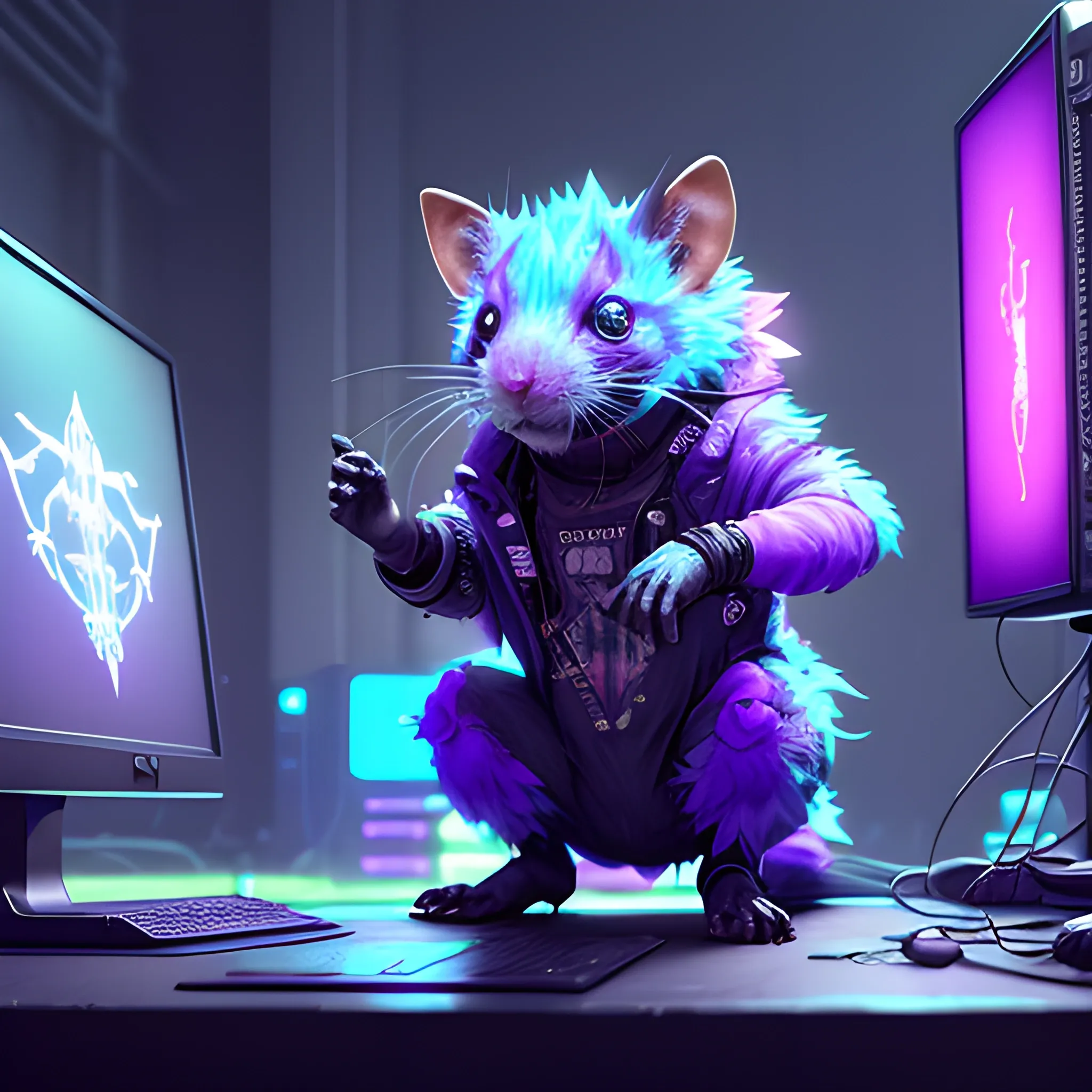 Playing games in front of the computer,a beautiful full body of a cute cyberpunk fluffy male rat with bioluminescent fur and bioluminescent tail, industrial background, by sandra chevrier and greg rutkowski and wlop, purple blue color scheme, vaporware, retro, outrun, high key lighting, volumetric light, digital art, highly detailed, fine detail, intricate, ornate, complex, octane render, unreal engine, photorealistic ,