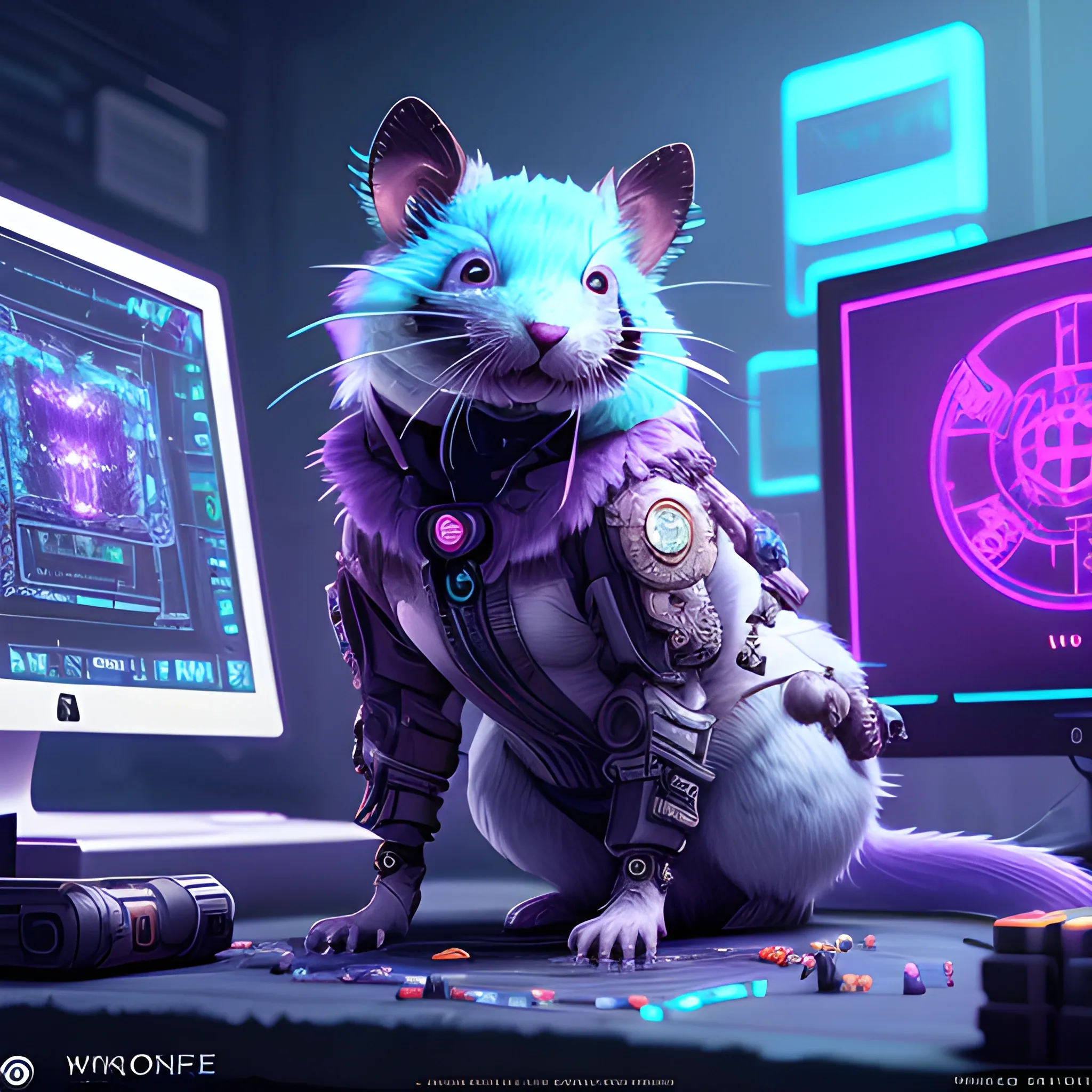 Playing games in front of the computer,a beautiful full body of a cute cyberpunk fluffy male rat with bioluminescent fur and bioluminescent tail, industrial background, by sandra chevrier and greg rutkowski and wlop, purple blue color scheme, vaporware, retro, outrun, high key lighting, volumetric light, digital art, highly detailed, fine detail, intricate, ornate, complex, octane render, unreal engine, photorealistic ,