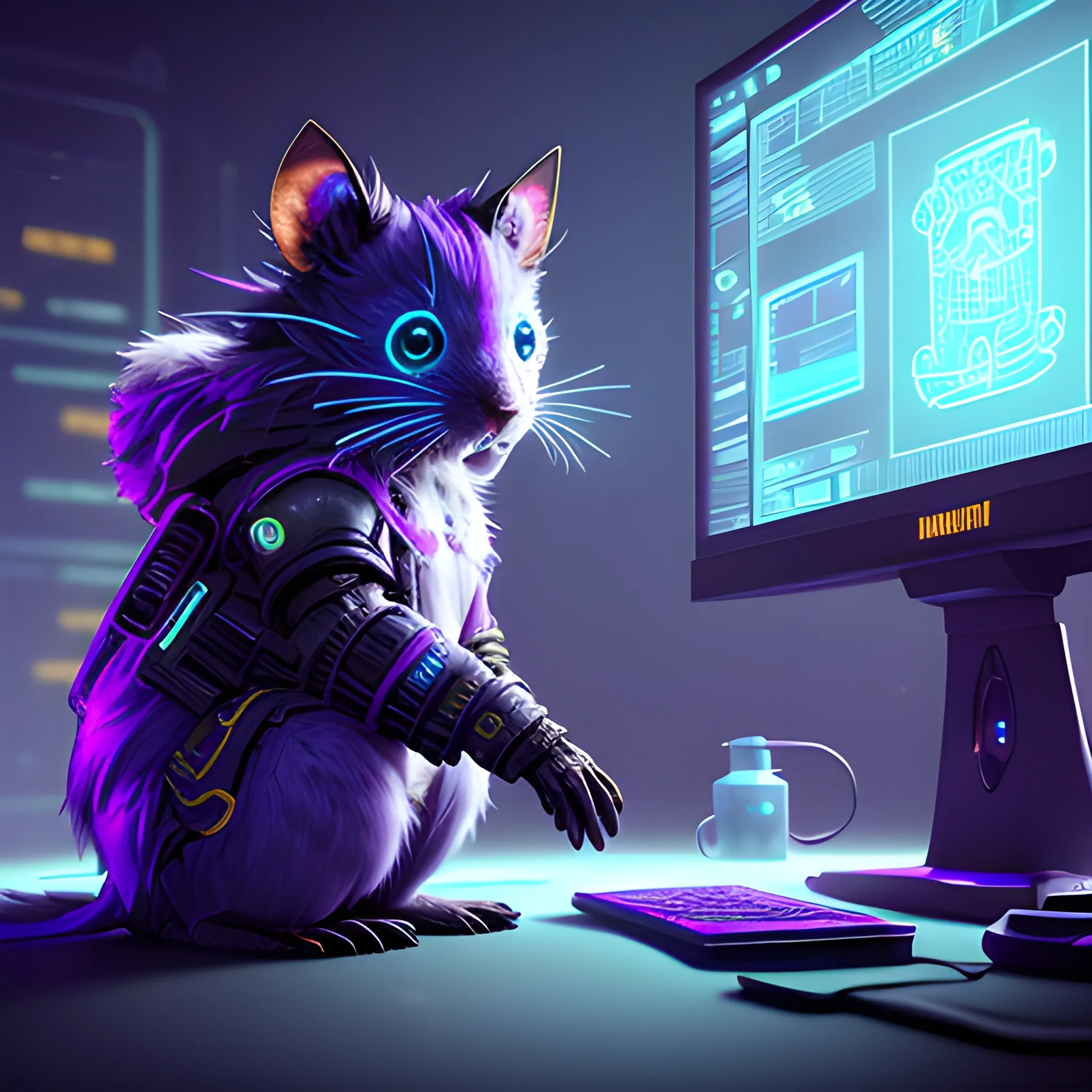 Playing games in front of the computer,a beautiful full body of a cute cyberpunk fluffy male rat with bioluminescent fur and bioluminescent tail, industrial background, by sandra chevrier and greg rutkowski and wlop, purple blue color scheme, vaporware, retro, outrun, high key lighting, volumetric light, digital art, highly detailed, fine detail, intricate, ornate, complex, octane render, unreal engine, photorealistic ,