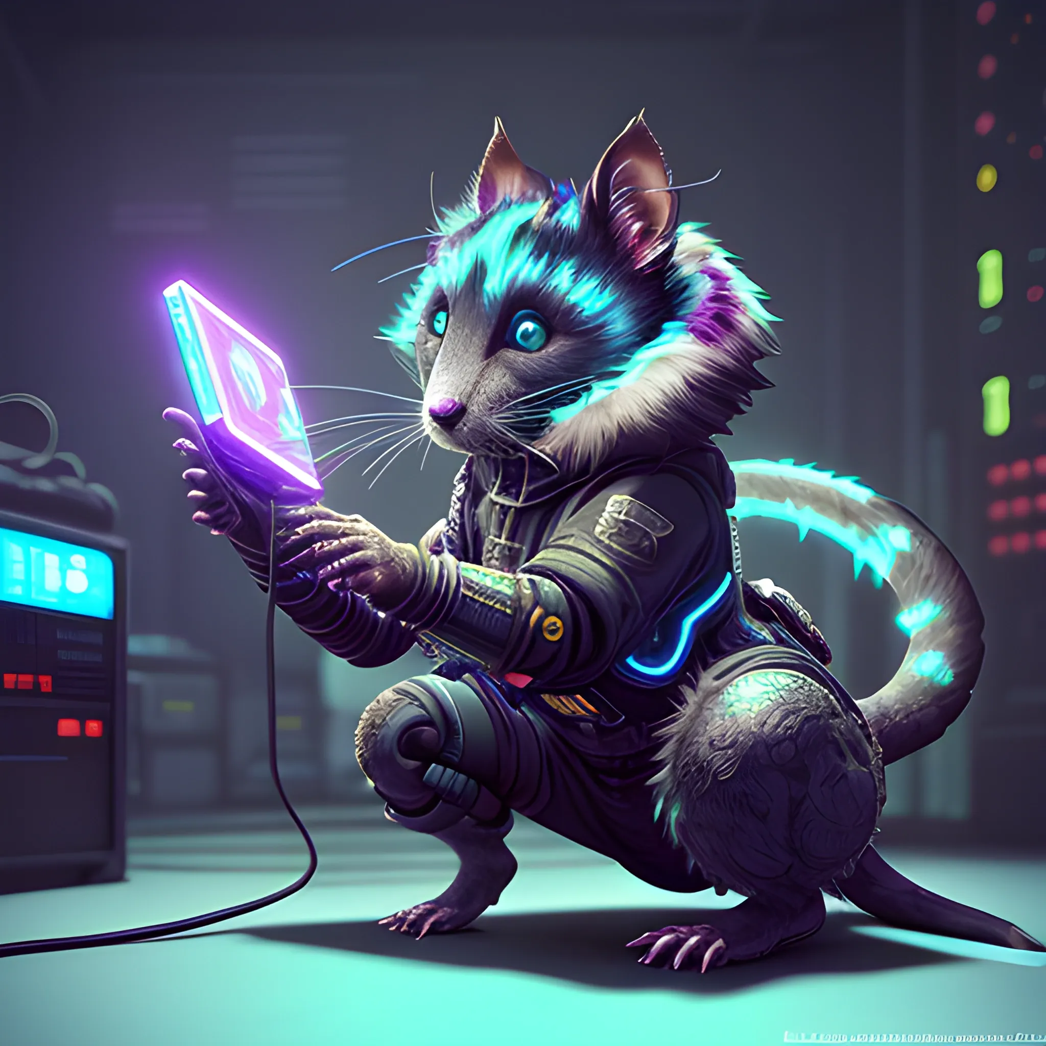 Playing games in front of the computer,a beautiful full body of a cute cyberpunk fluffy male rat with bioluminescent fur and bioluminescent tail, industrial background, by sandra chevrier and greg rutkowski and wlop,  vaporware, retro, outrun, high key lighting, volumetric light, digital art, highly detailed, fine detail, intricate, ornate, complex, octane render, unreal engine, photorealistic ,