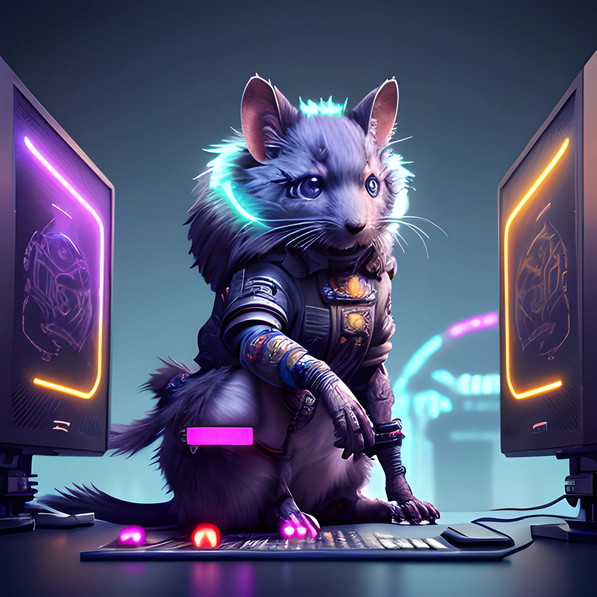 Playing games in front of the computer,a beautiful full body of a cute cyberpunk fluffy male rat with bioluminescent fur and bioluminescent tail, industrial background, by sandra chevrier and greg rutkowski and wlop,  vaporware, retro, outrun, high key lighting, volumetric light, digital art, highly detailed, fine detail, intricate, ornate, complex, octane render, unreal engine, photorealistic ,