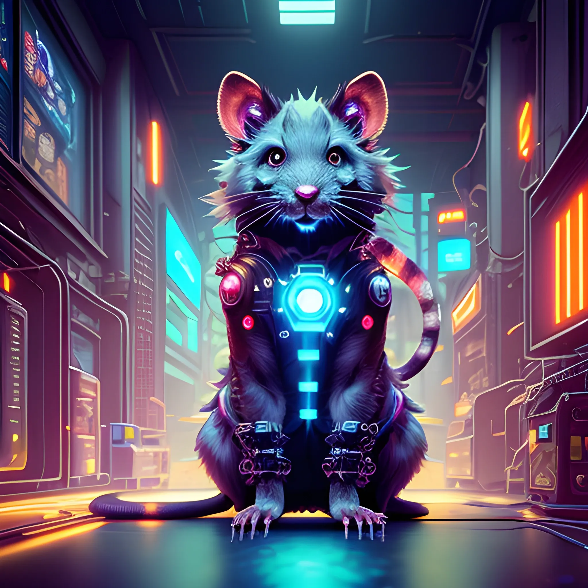 Playing games in front of the computer,a beautiful full body of a cute cyberpunk fluffy male rat with bioluminescent fur and bioluminescent tail, industrial background, by sandra chevrier and greg rutkowski and wlop,  vaporware, retro, outrun, high key lighting, volumetric light, digital art, highly detailed, fine detail, intricate, ornate, complex, octane render, unreal engine, photorealistic ,