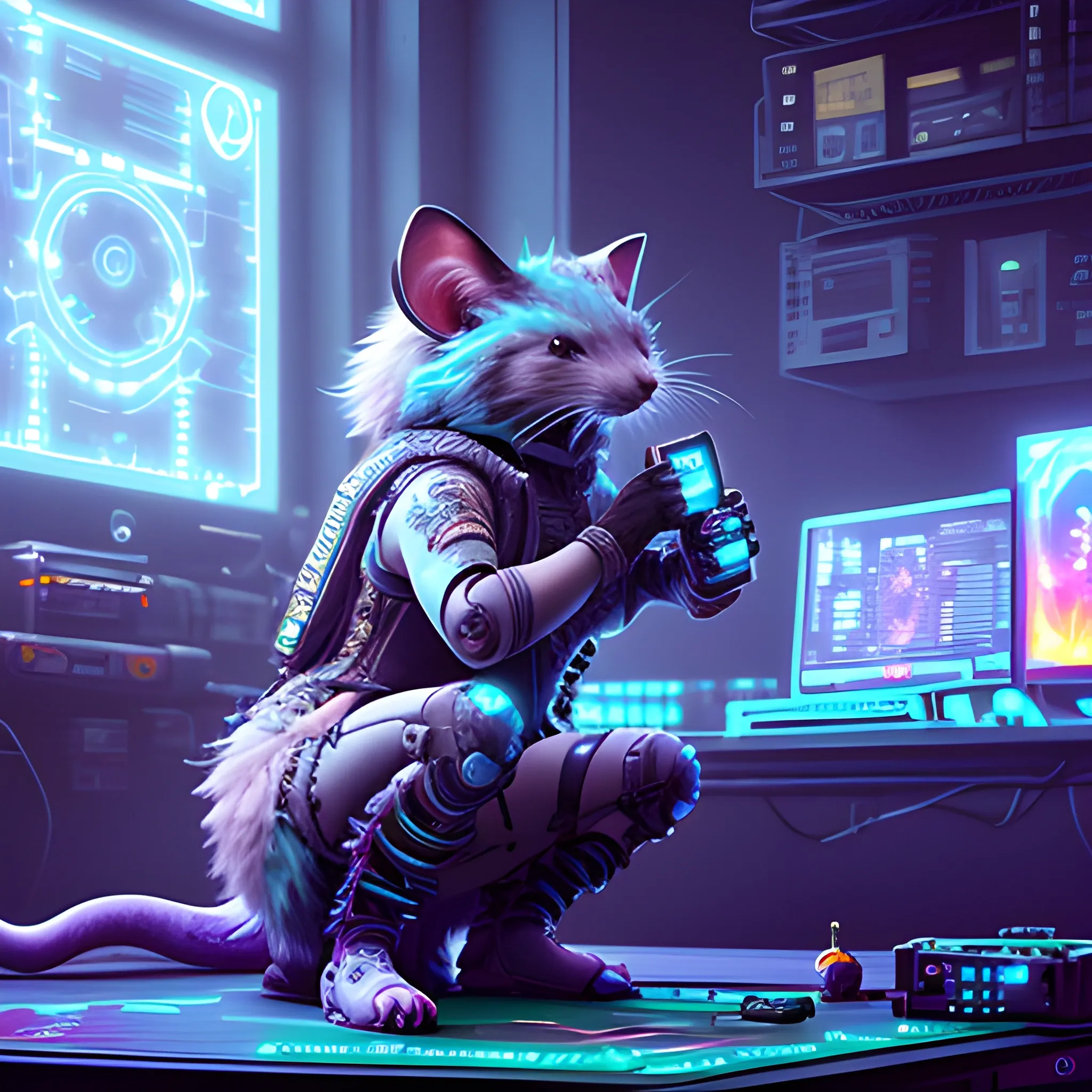 Playing games in front of the computer,a beautiful full body of a cute cyberpunk fluffy male rat with bioluminescent fur and bioluminescent tail, industrial background, by sandra chevrier and greg rutkowski and wlop,  vaporware, retro, outrun, high key lighting, volumetric light, digital art, highly detailed, fine detail, intricate, ornate, complex, octane render, unreal engine, photorealistic ,on both sides