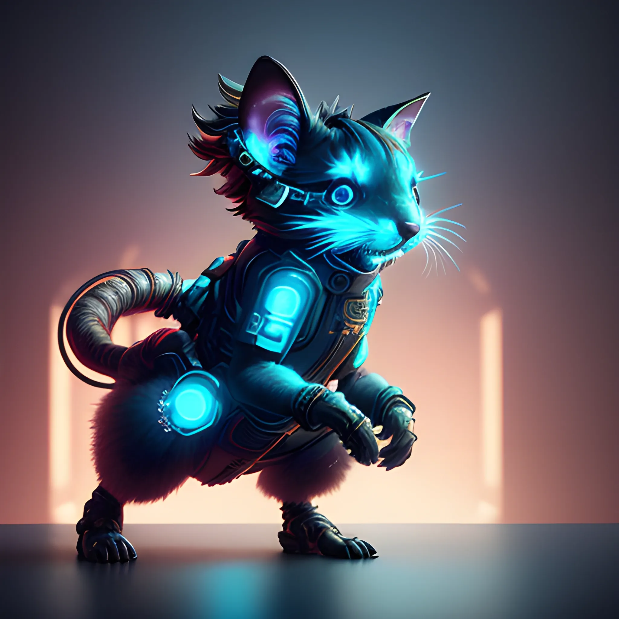 Playing games in front of the computer,a beautiful full body of a cute cyberpunk fluffy male rat with bioluminescent fur and bioluminescent tail, industrial background, by sandra chevrier and greg rutkowski and wlop,  vaporware, retro, outrun, high key lighting, volumetric light, digital art, highly detailed, fine detail, intricate, ornate, complex, octane render, unreal engine, photorealistic ,on both sides,two