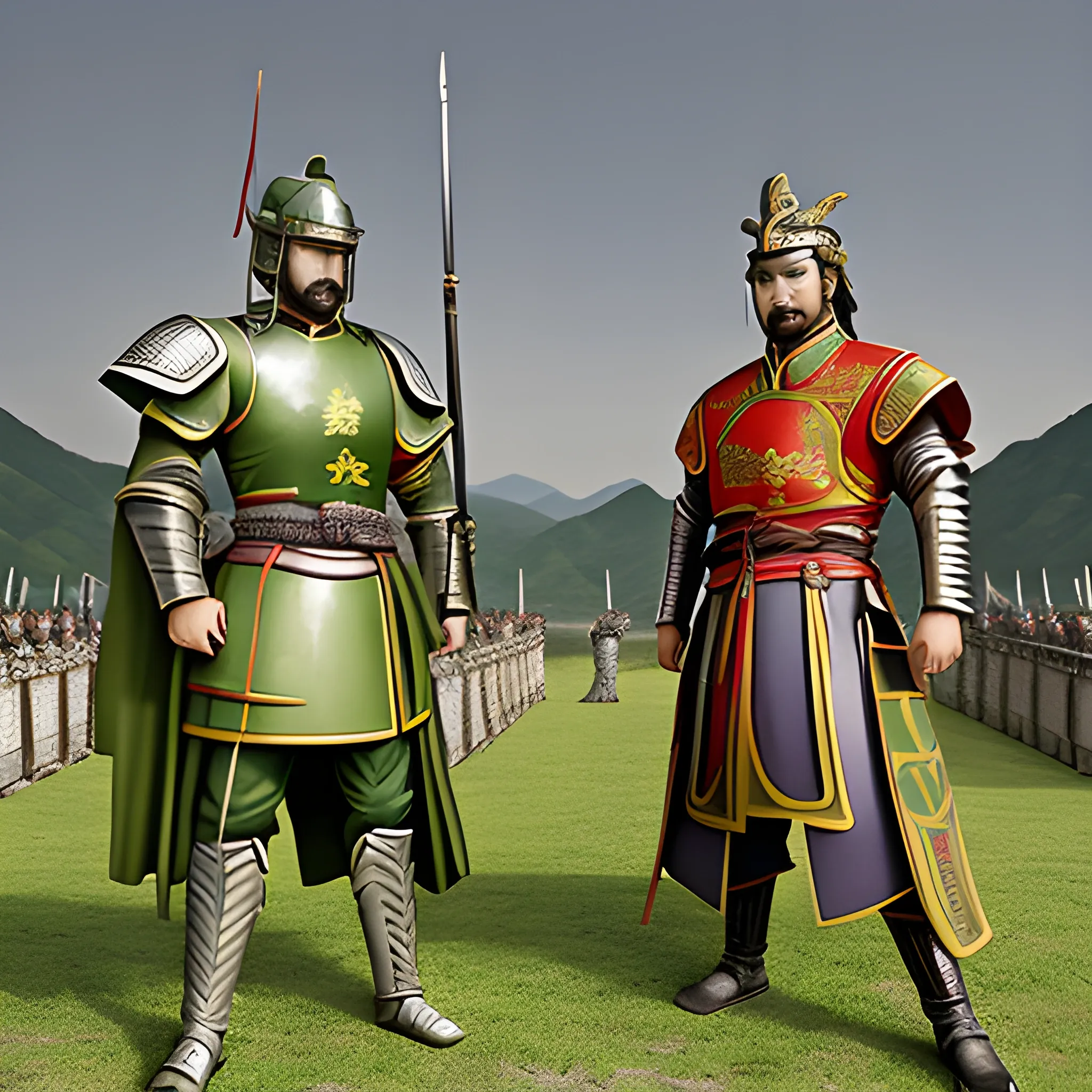 , 3D Picture: Liu Bei and Sun Quan stand side by side on the high ground, facing Cao Cao's army with firm eyes.
Scene description: Liu Bei is determined, Sun Quan is courageous, the high ground is dangerous, 3D