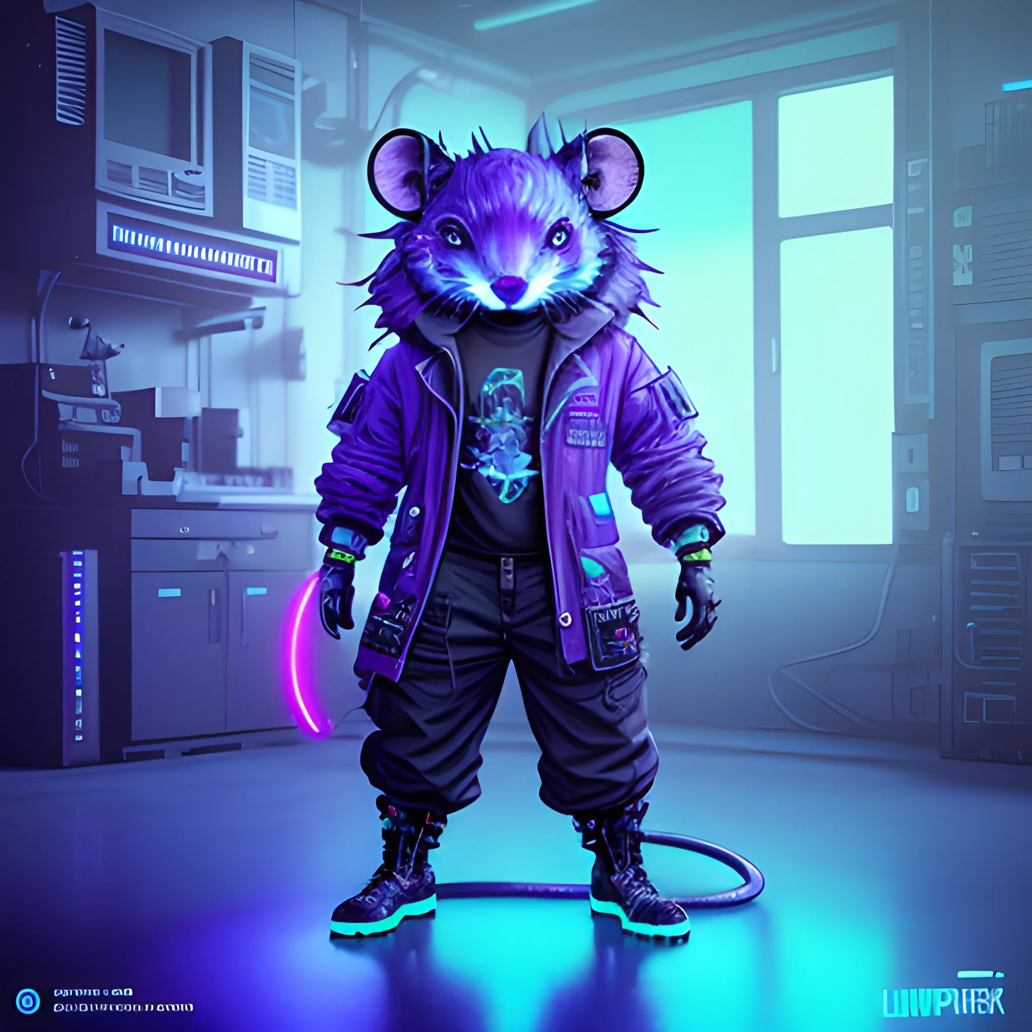 a beautiful full body of a cute cyberpunk fluffy male rat with bioluminescent fur and bioluminescent tail, industrial background, by sandra chevrier and greg rutkowski and wlop, purple blue color scheme, vaporware, retro, outrun, high key lighting, volumetric light, digital art, highly detailed, fine detail, intricate, ornate, complex, octane render, unreal engine, photorealistic , Trippy