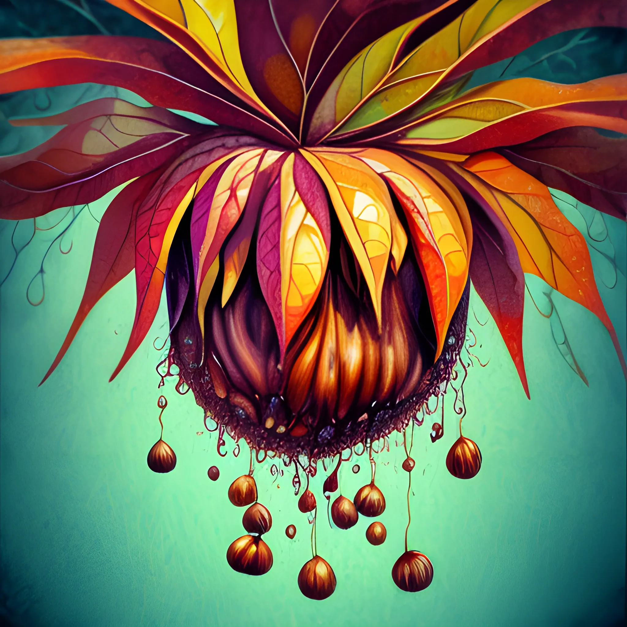 make a chestnut look like a female human face, close up, saturated colors, surrealism, chaotic background many chestnuts and chestnut leaves floating around  3D, Trippy, eerie atmosphere, close up, illustration, angular perspective, Water Color, Water Color