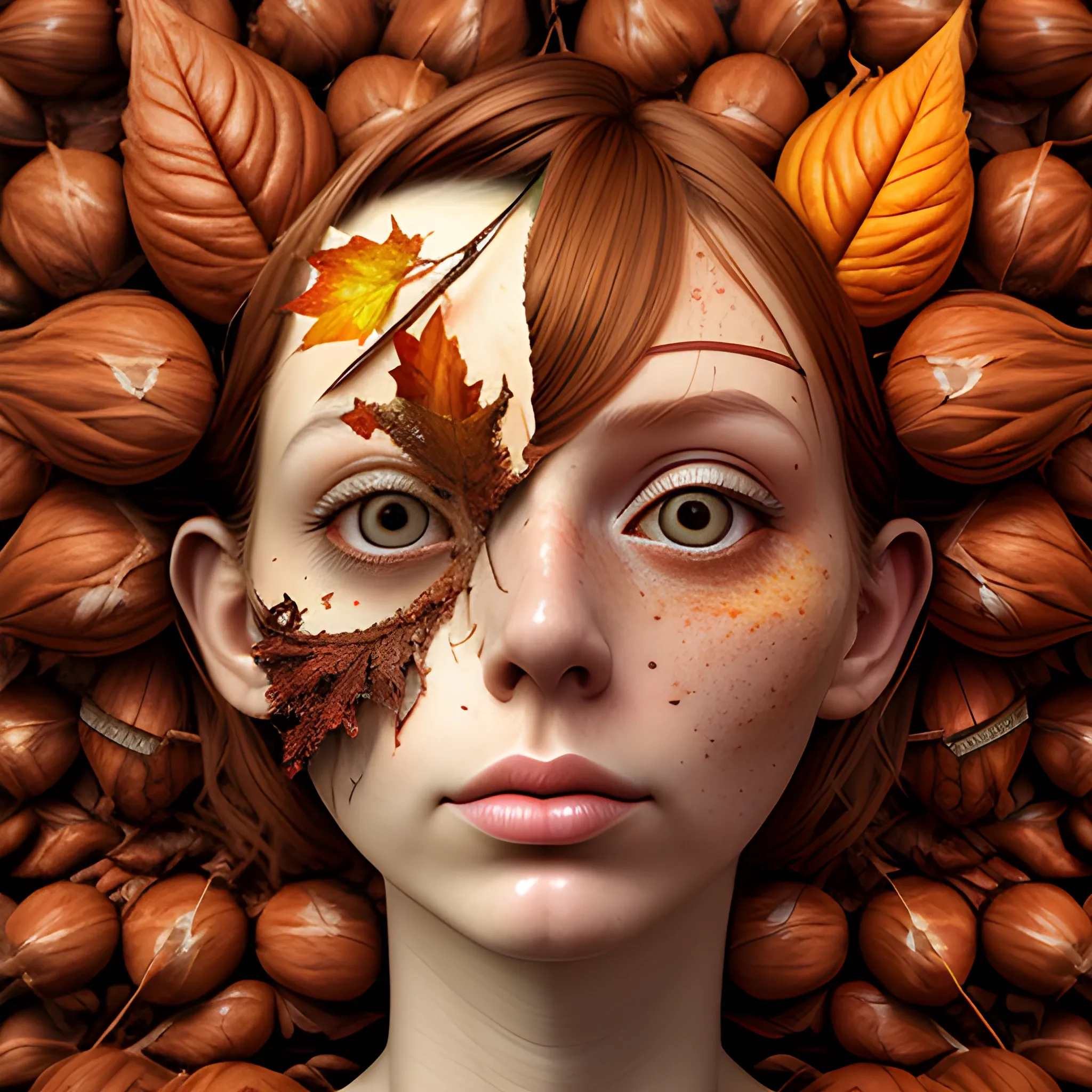 make a chestnut look like a female human face, close up, saturated colors, surrealism, chaotic background many chestnuts and chestnut leaves floating around  3D, Trippy, eerie atmosphere, close up, illustration, angular perspective