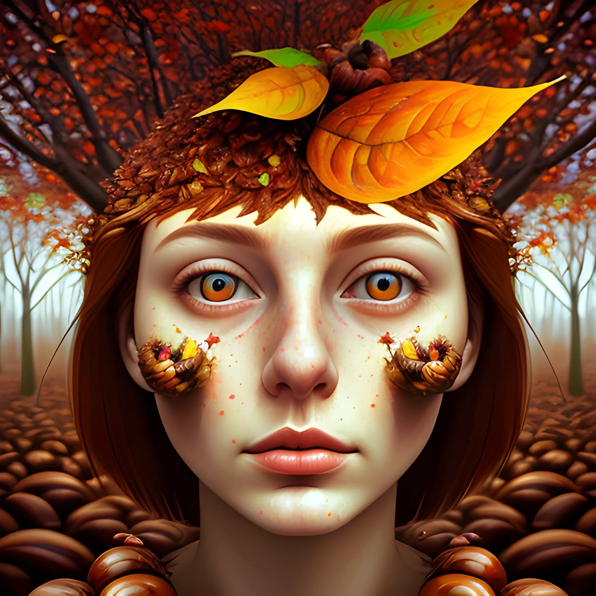 make a chestnut look like a female human face, close up, saturated colors, surrealism, chaotic background many chestnuts and chestnut leaves floating around  3D, Trippy, eerie atmosphere, close up, illustration, angular perspective, Oil Painting, Oil Painting