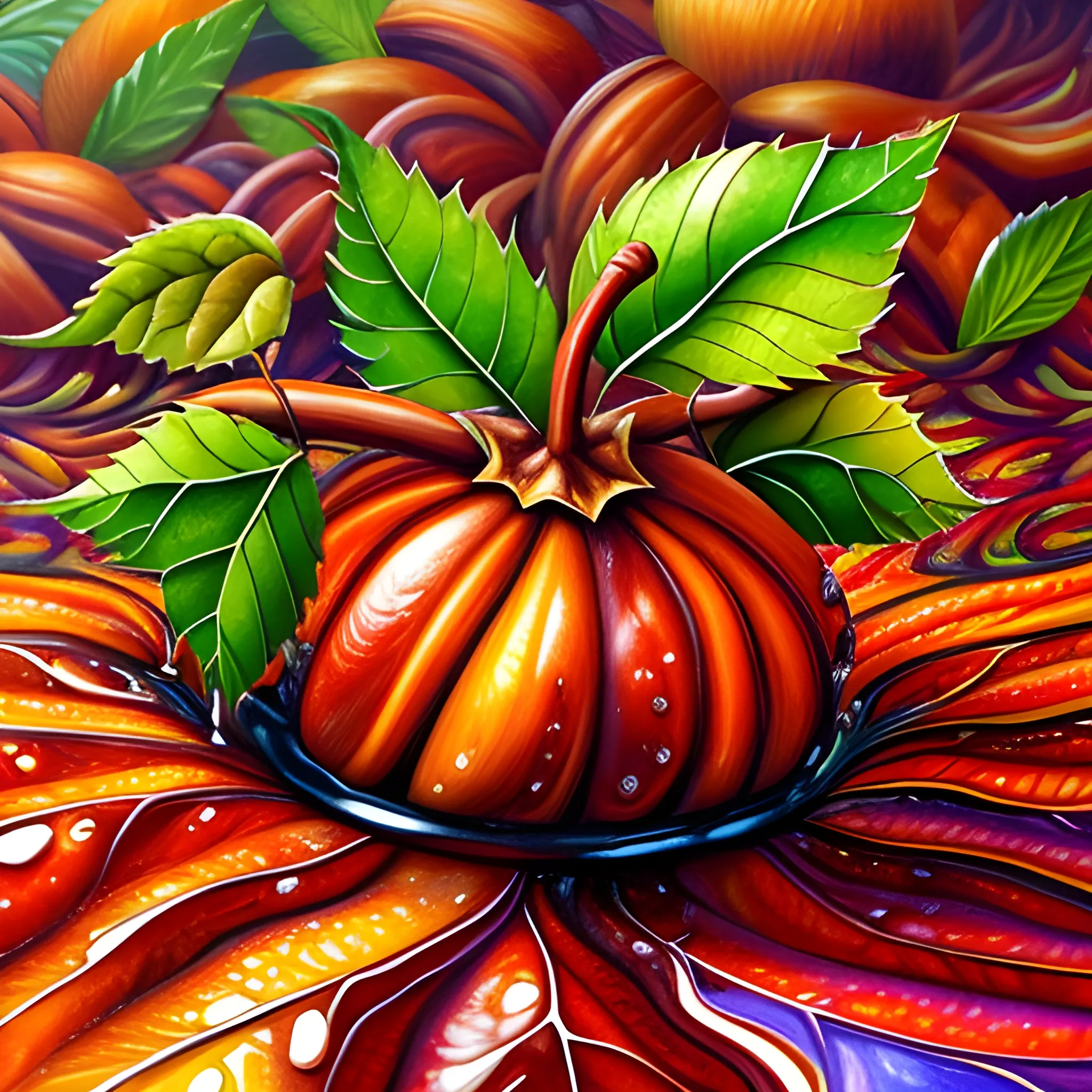 make a chestnut look like a little boy face, close up, saturated colors, surrealism, chaotic background many chestnuts and chestnut leaves floating around  3D, Trippy, eerie atmosphere, close up, illustration, angular perspective, Oil Painting, Oil Painting, Water Color, Water Color