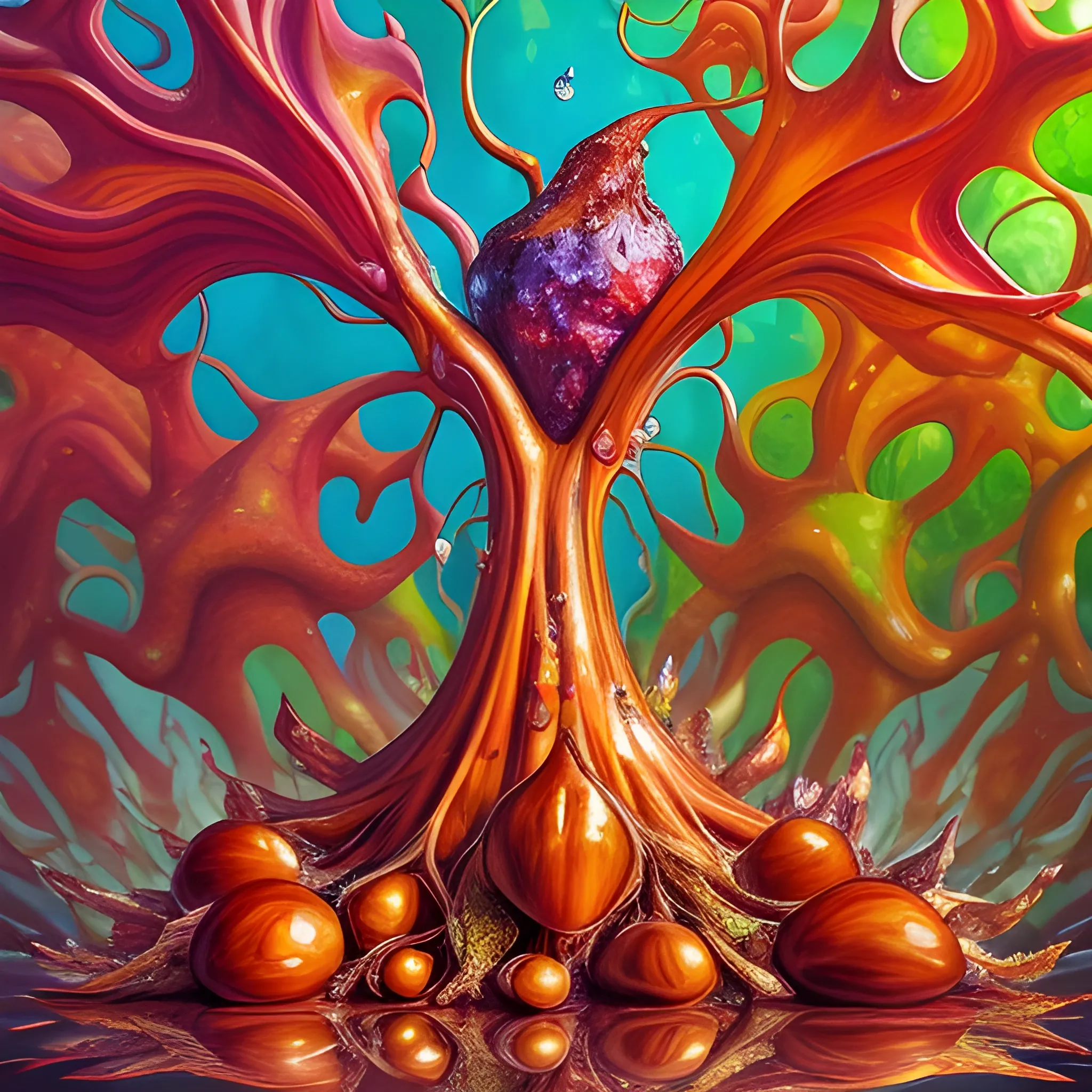 make a crystal statue of many crazy chestnuts look like human faces , close up, saturated colors, surrealism, chaotic background many chestnuts and chestnut leaves floating around  3D, Trippy, eerie atmosphere, close up, illustration, angular perspective, Oil Painting, Oil Painting, Water Color, Water Color