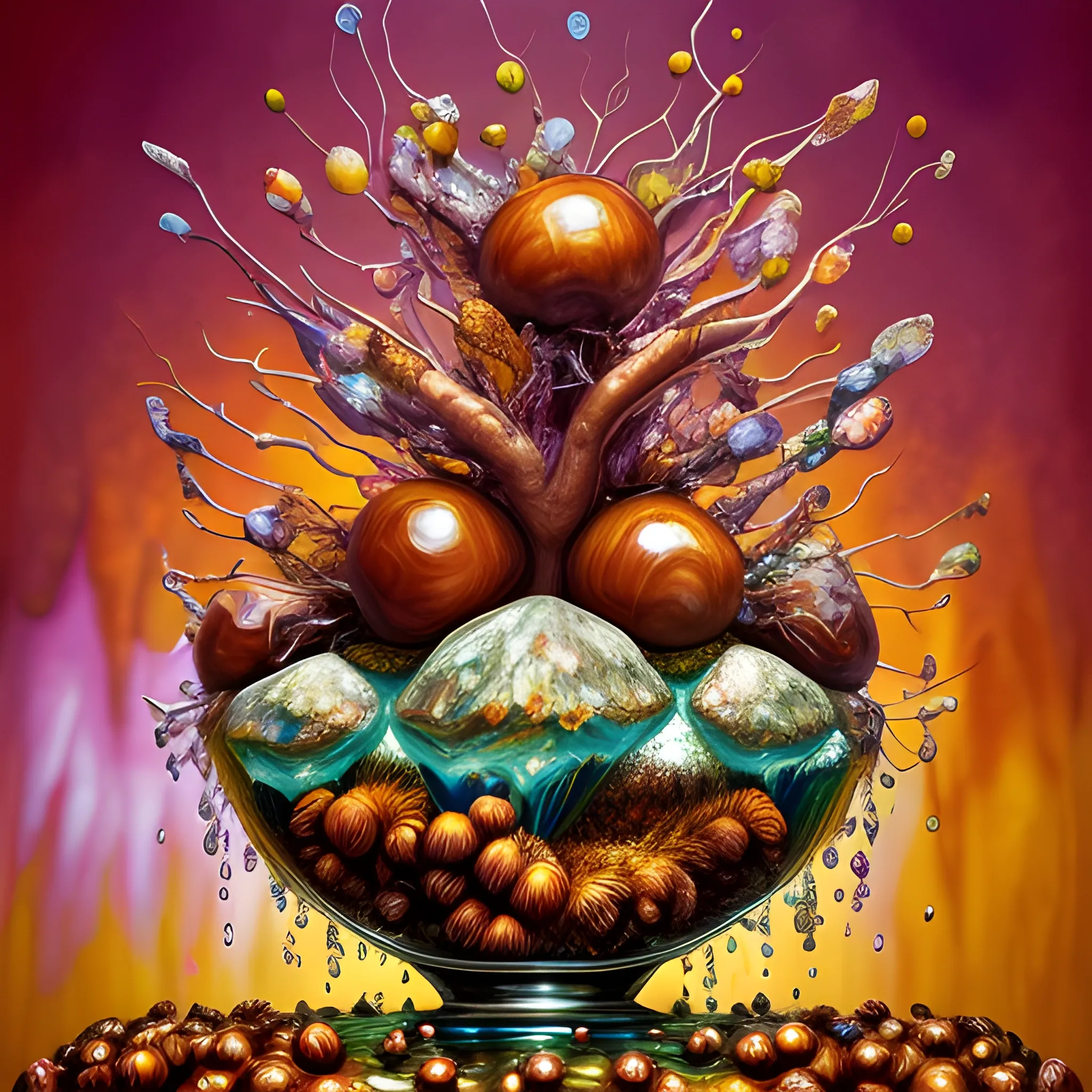 make a crystal statue of many crazy chestnuts look like human face , close up, saturated colors, surrealism, chaotic background many chestnuts and chestnut leaves floating around  3D, Trippy, eerie atmosphere, close up, illustration, angular perspective, Oil Painting, Oil Painting, Water Color, Water Color