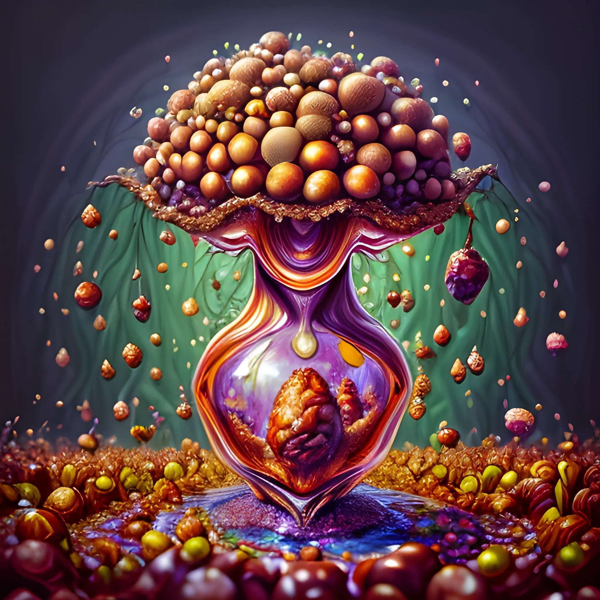 make a crystal statue of many crazy chestnuts look like whimsical female human face , close up, saturated colors, surrealism, chaotic background many chestnuts and chestnut leaves floating around  3D, Trippy, eerie atmosphere, close up, illustration, angular perspective, Oil Painting, Water Color