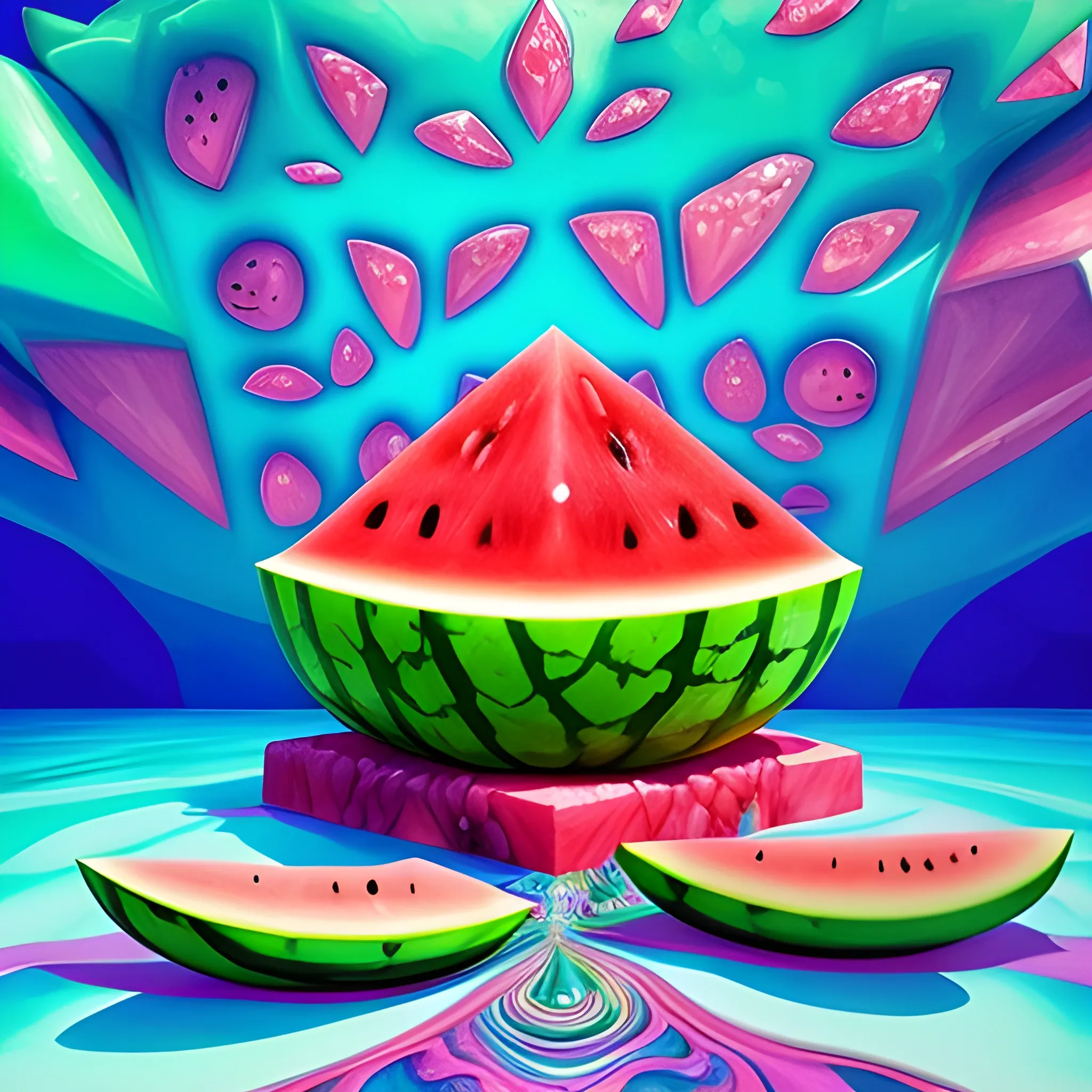 make a crystal statue of many crazy watermelon look like whimsical female human face, close up, saturated colors, surrealism, chaotic background many watermelons and leaves floating around  3D, Trippy, eerie atmosphere, close up, illustration, angular perspective, Oil Painting, Water Color