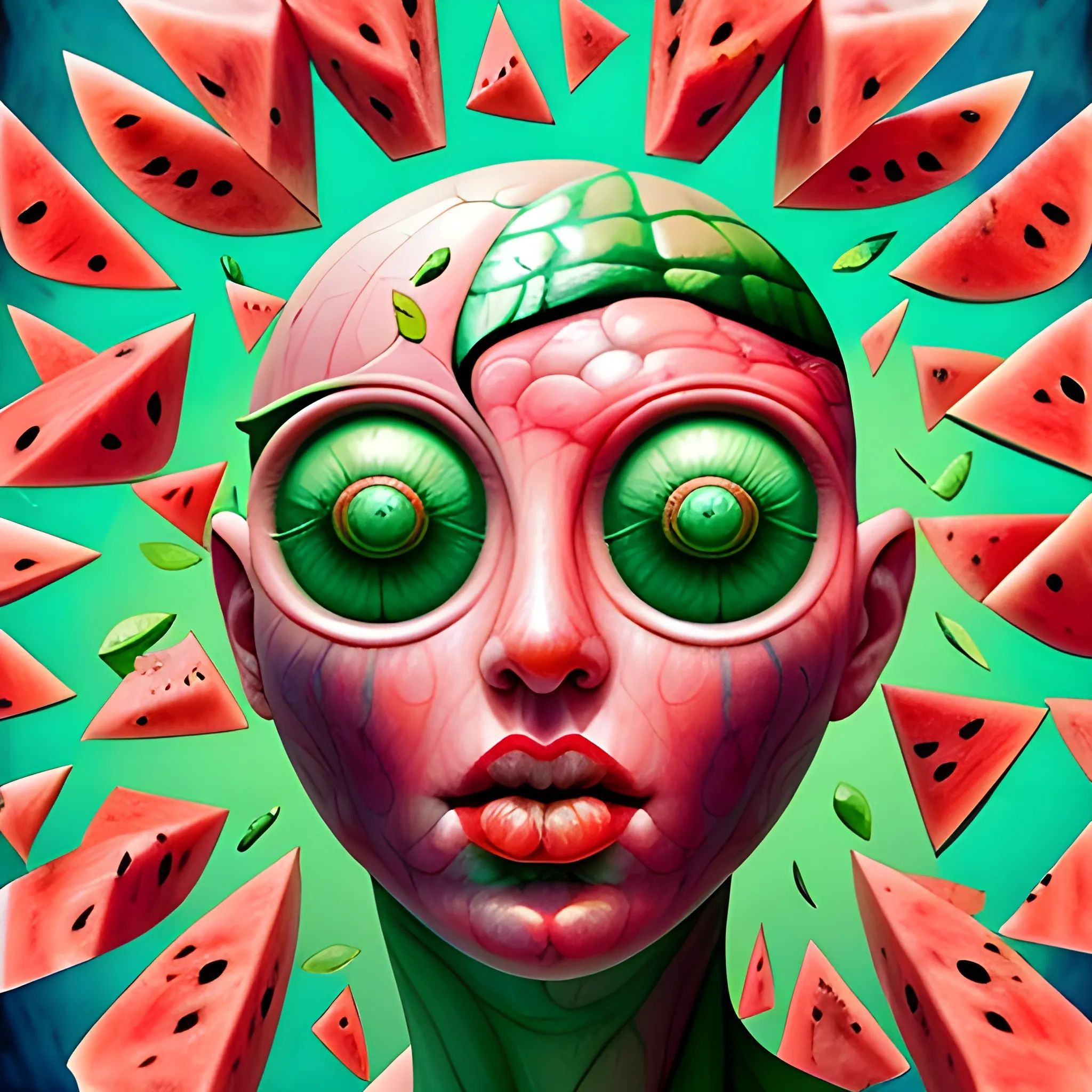 make a marble statue of many crazy watermelon look like whimsical female human face, close up, saturated colors, surrealism, chaotic background many watermelons and leaves floating around  3D, Trippy, eerie atmosphere, close up, illustration, angular perspective, Oil Painting, Water Color