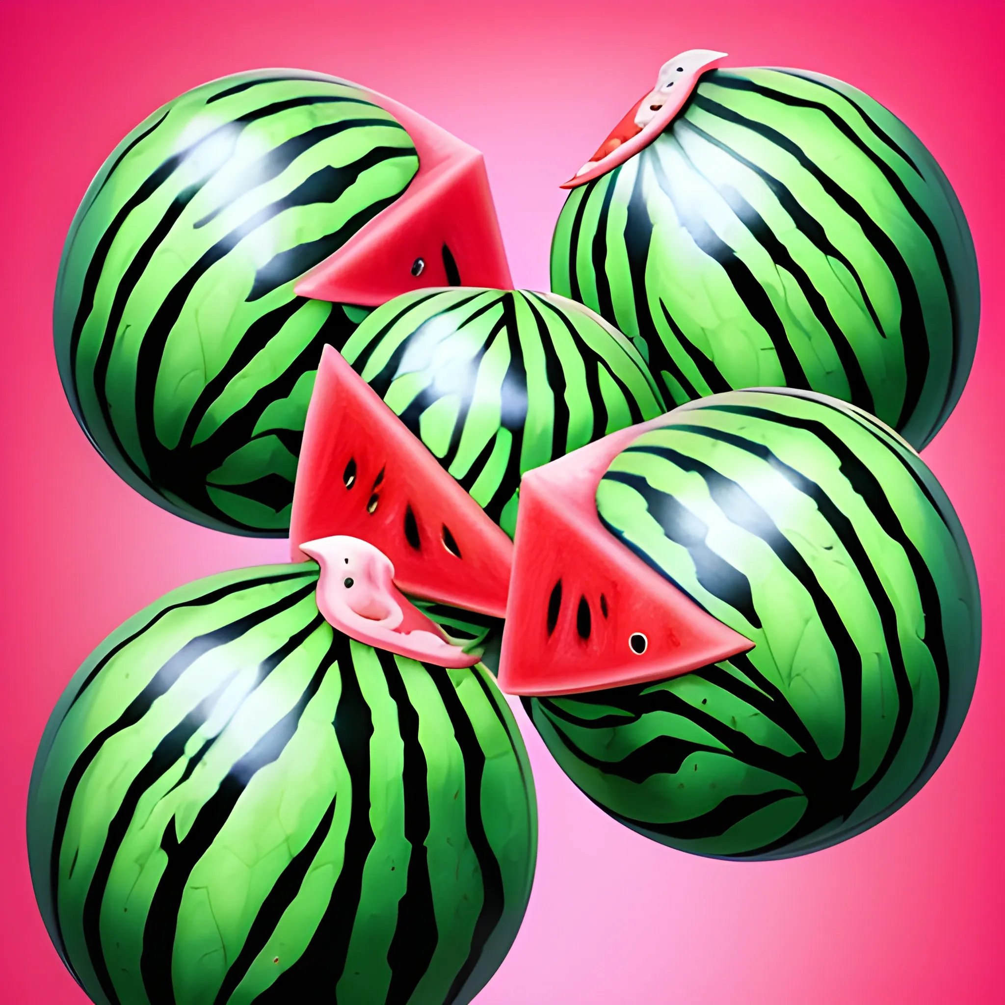make a marble statue of many crazy watermelon look like whimsical female human face, close up, saturated colors, surrealism, chaotic background many watermelons and leaves floating around  3D, Trippy, eerie atmosphere, close up, illustration, angular perspective, Oil Painting, Water Color