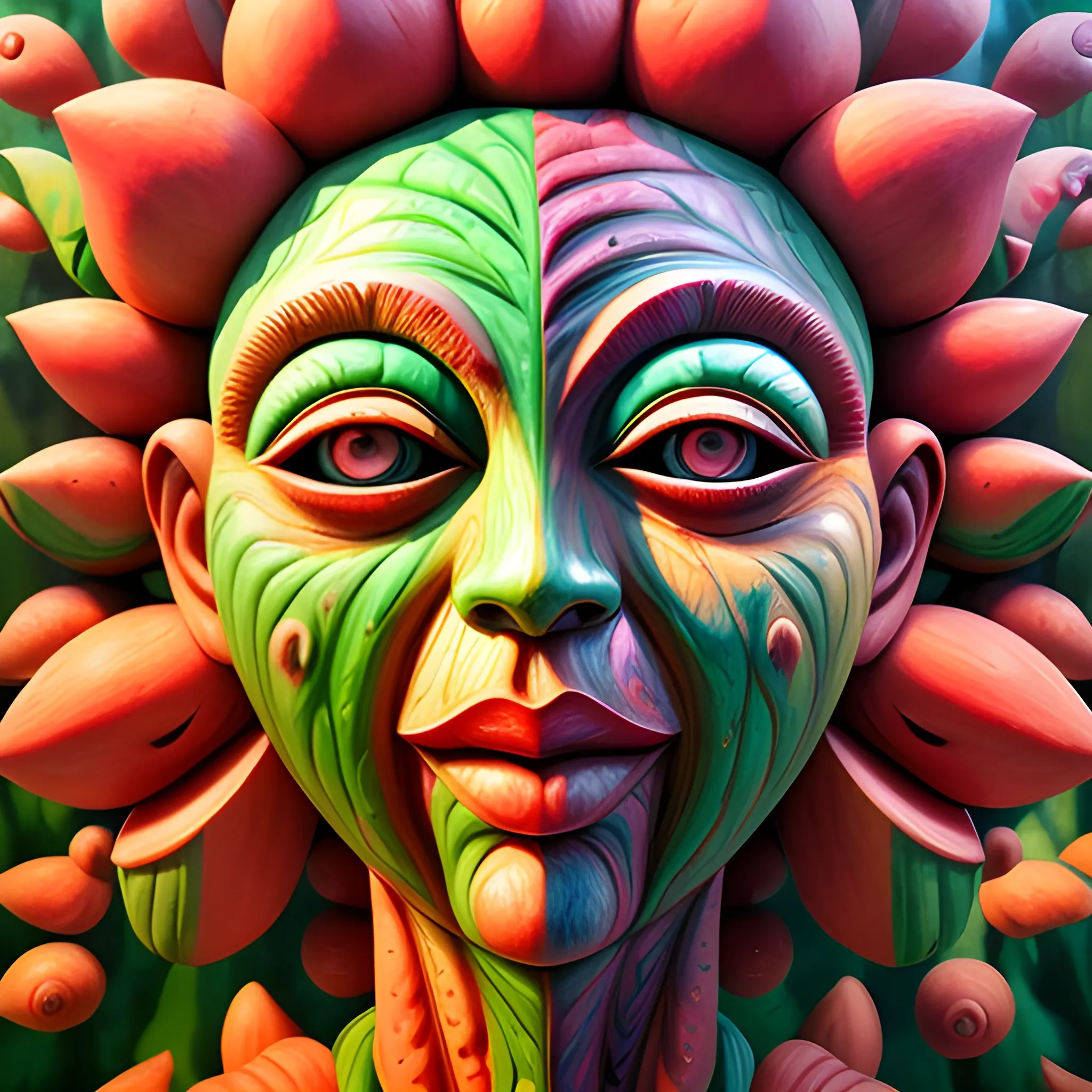  a wood statue of many crazy watermelon look like whimsical female human face, close up, saturated colors, surrealism, chaotic background many watermelons and leaves floating around  3D, Trippy, eerie atmosphere, close up, illustration, angular perspective, Oil Painting, Water Color