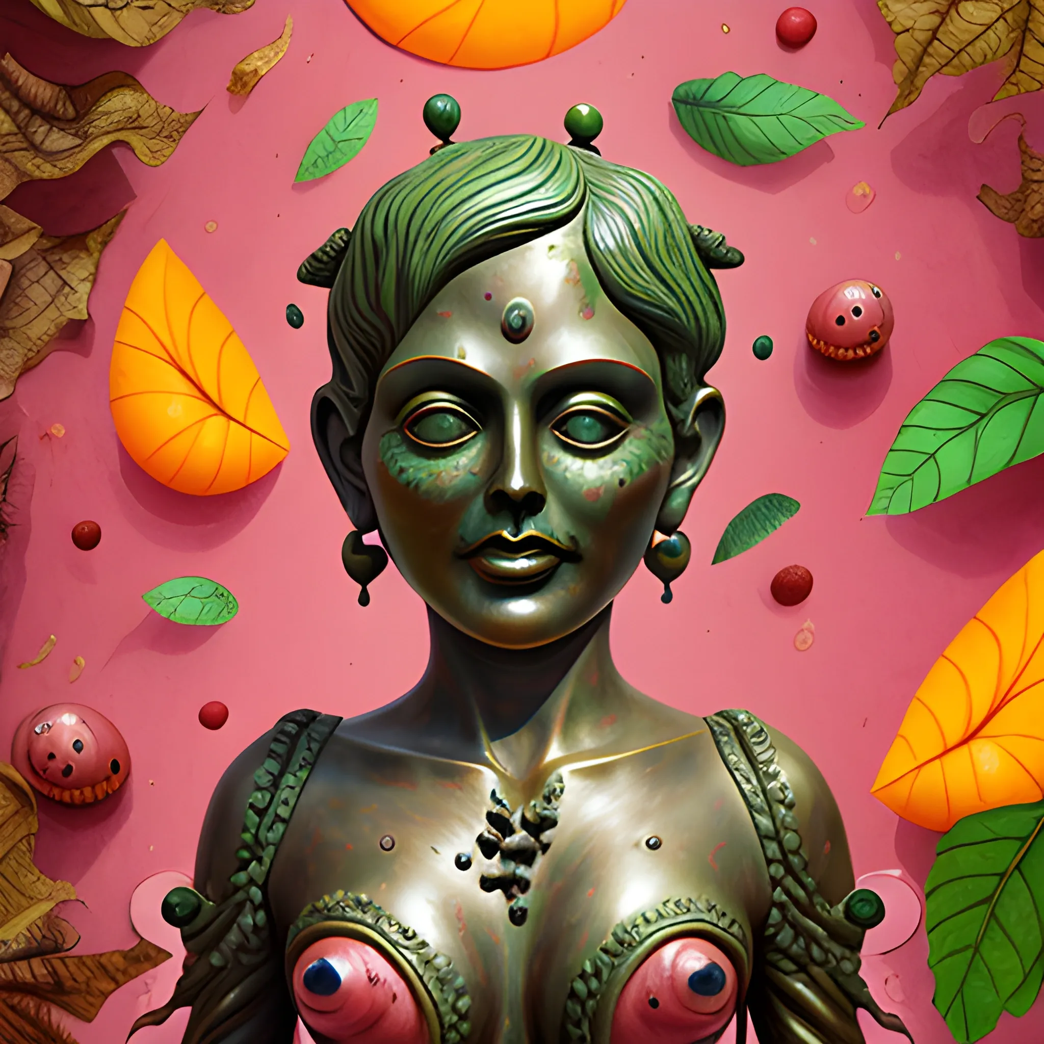  a bronze statue of many crazy watermelon look like whimsical female human face, close up, saturated colors, surrealism, chaotic background many watermelons and leaves floating around  3D, Trippy, eerie atmosphere, close up, illustration, angular perspective, Oil Painting, Water Color