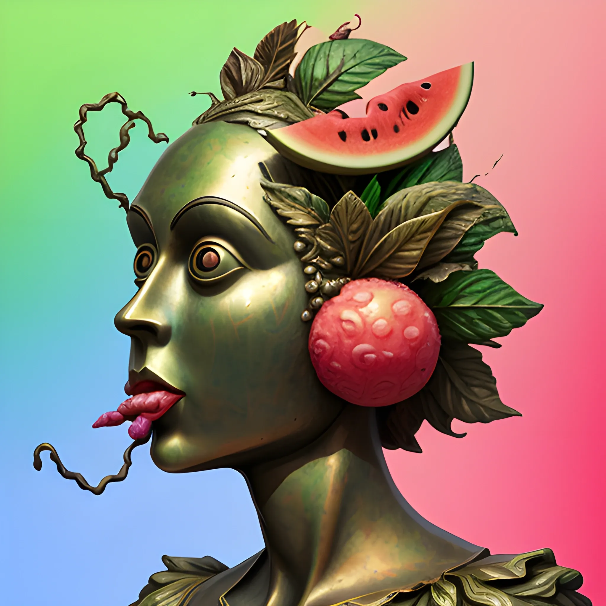 a bronze statue of many crazy watermelon look like whimsical female human face, close up, saturated colors, surrealism, chaotic background many watermelons and leaves floating around  3D, Trippy, eerie atmosphere, close up, illustration, angular perspective, Oil Painting, Water Color