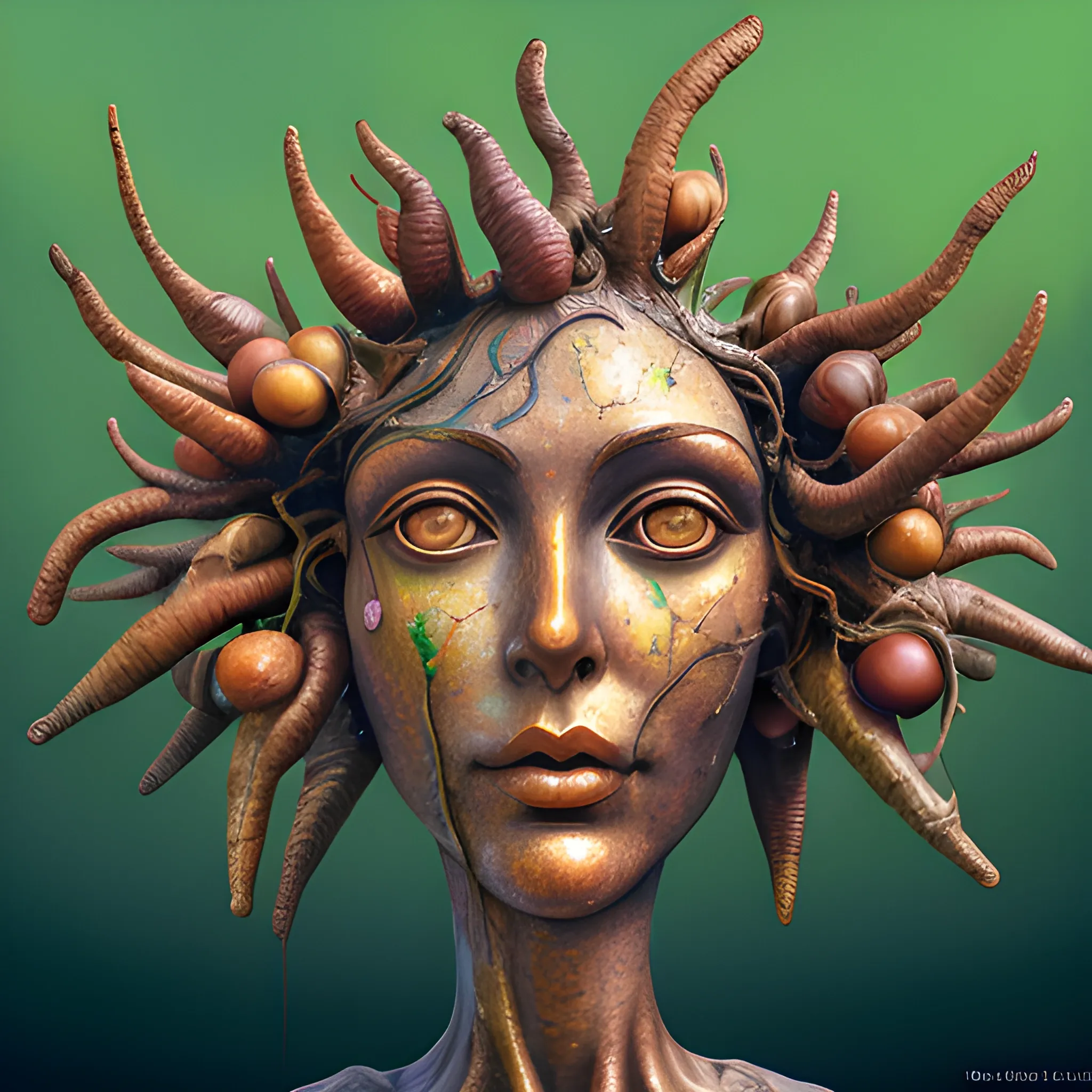  a bronze statue of many crazy chestnuts look like female human face , close up, saturated colors, surrealism, chaotic background many chestnuts and chestnut leaves floating around  3D, Trippy, eerie atmosphere, close up, illustration, angular perspective, Oil Painting, Water Color