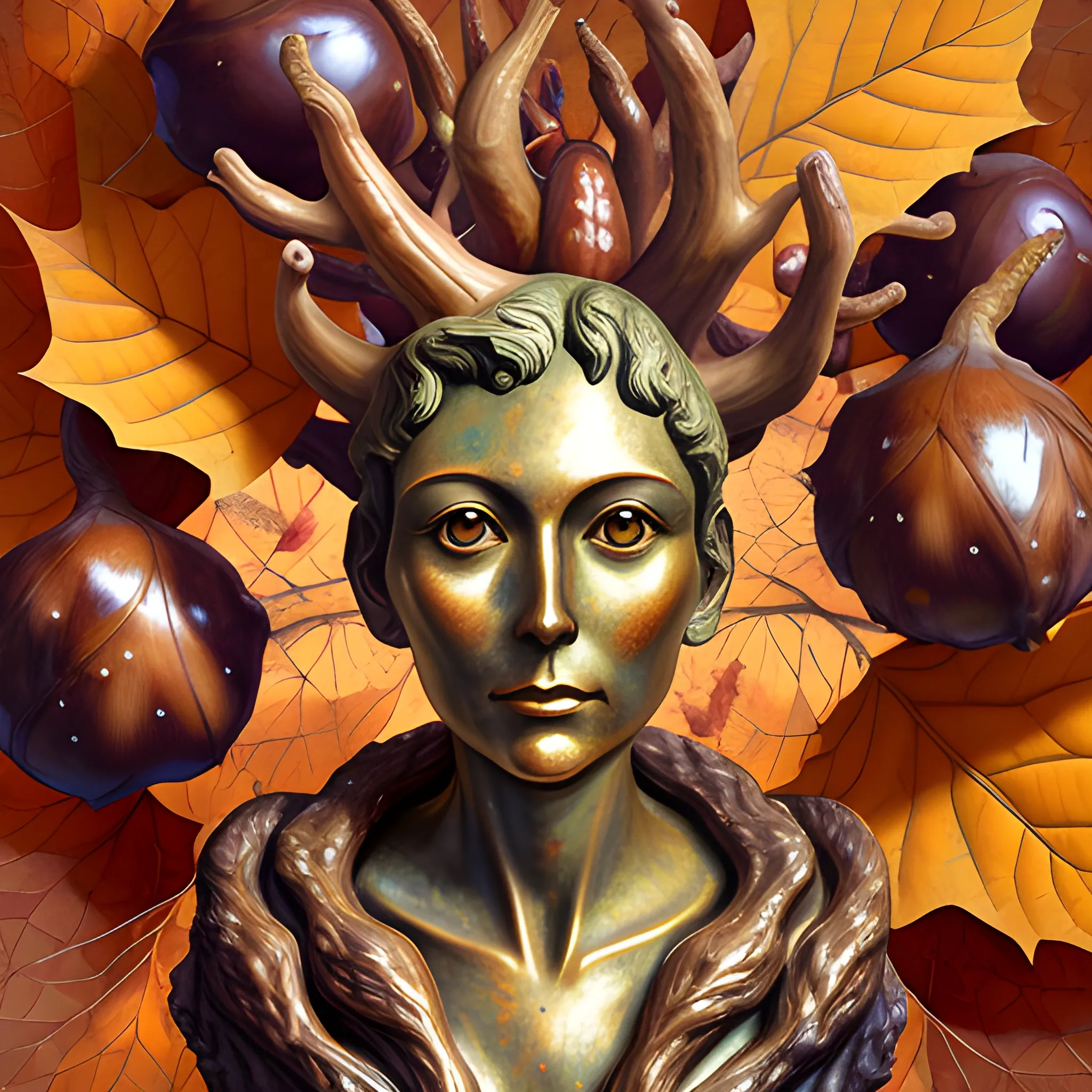  a bronze statue of many crazy chestnuts look like female human face , close up, saturated colors, surrealism, chaotic background many chestnuts and chestnut leaves floating around  3D, Trippy, eerie atmosphere, close up, illustration, angular perspective, Oil Painting, Water Color