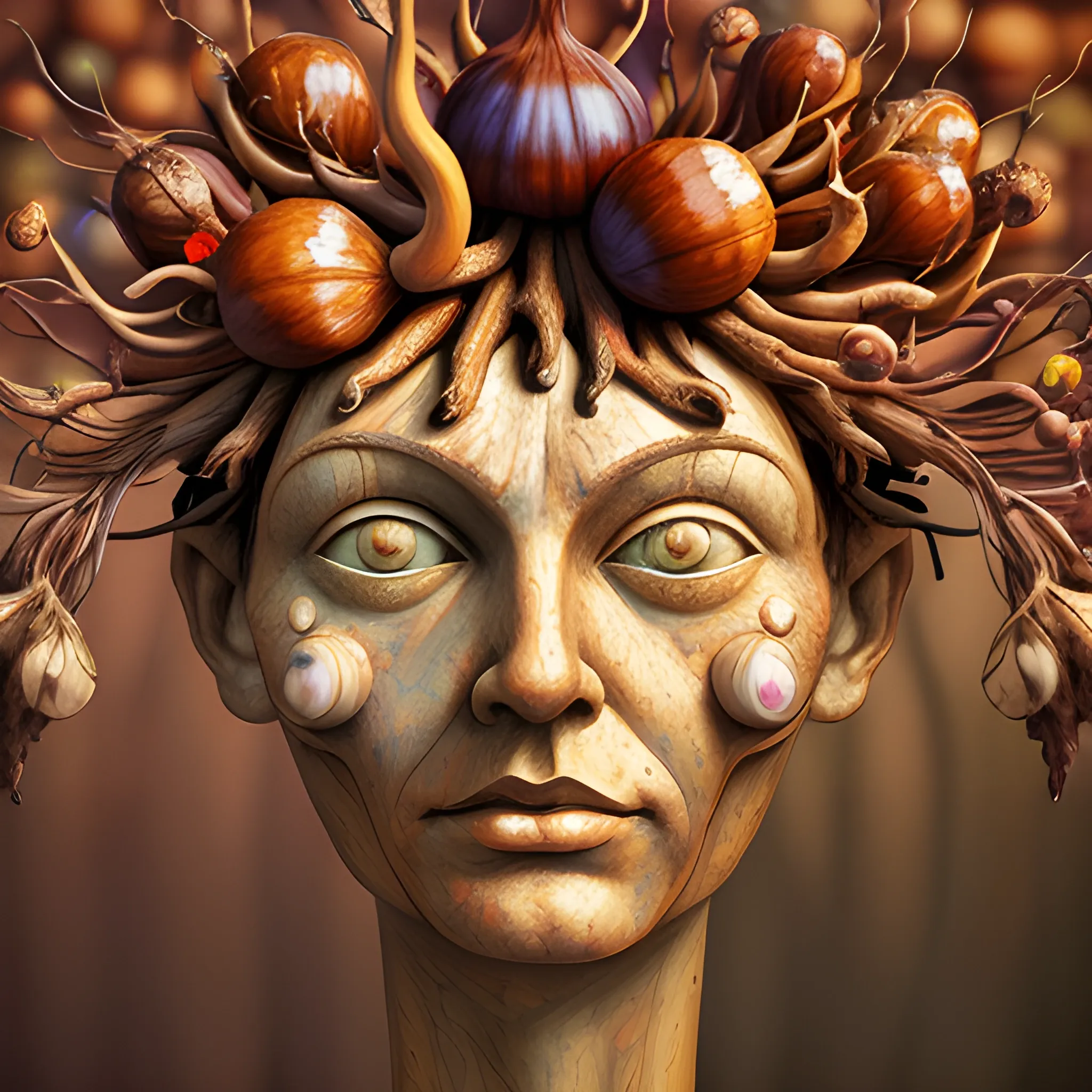  a wood statue of many crazy chestnuts look like female human face , close up, saturated colors, surrealism, chaotic background many chestnuts and chestnut leaves floating around  3D, Trippy, eerie atmosphere, close up, illustration, angular perspective, Oil Painting, Water Color