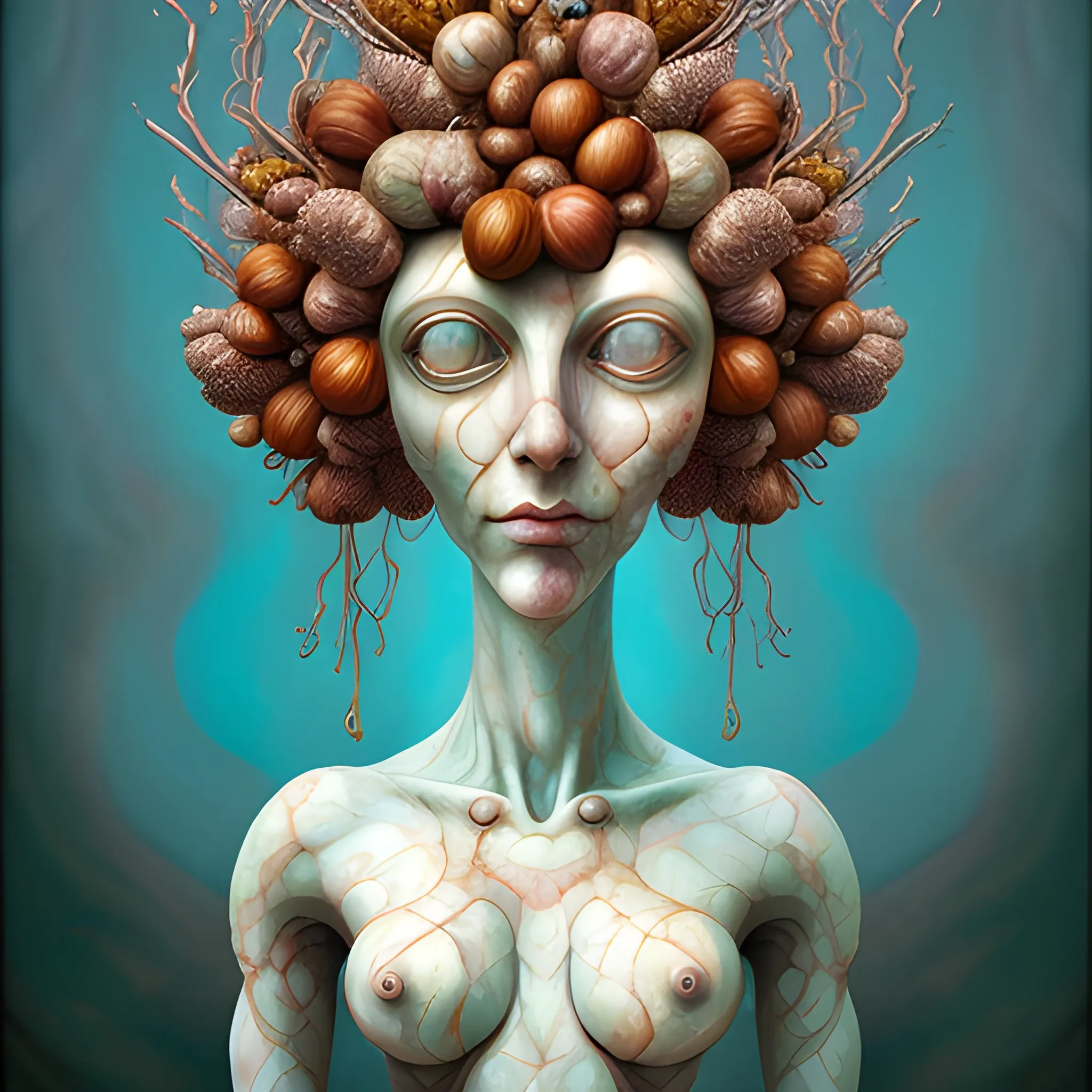  a marble statue of many crazy chestnuts look like female human face , close up, saturated colors, surrealism, chaotic background many chestnuts and chestnut leaves floating around  3D, Trippy, eerie atmosphere, close up, illustration, angular perspective, Oil Painting, Water Color