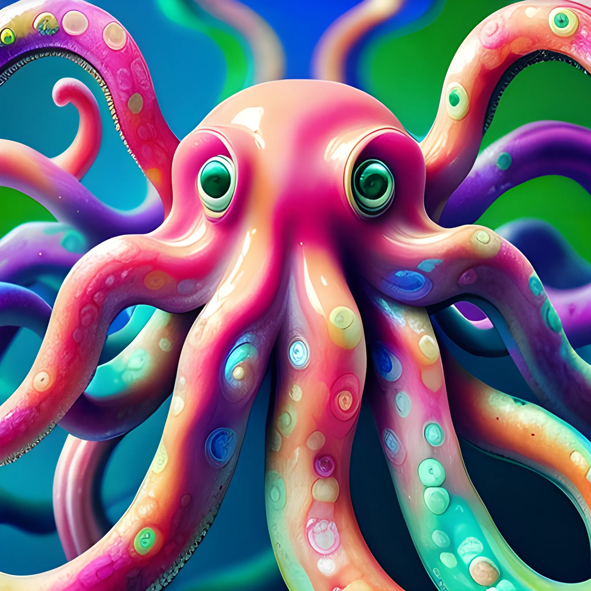  a marble statue of many crazy octopuses look like female human face , close up, saturated colors, surrealism, chaotic background many  crystal octopuses floating around  3D, Trippy, eerie atmosphere, close up, illustration, angular perspective, Oil Painting, Water Color