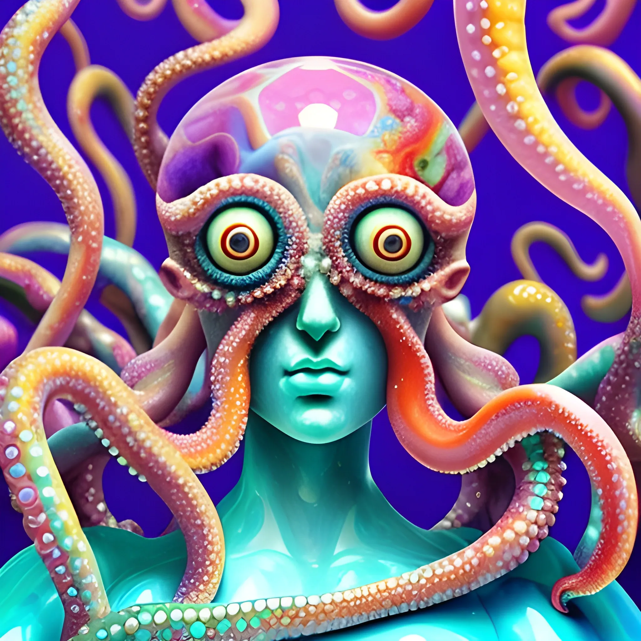  a marble statue of many a octopus look like female human face , close up, saturated colors, surrealism, chaotic background many  crystal octopuses floating around  3D, Trippy, eerie atmosphere, close up, illustration, angular perspective, Oil Painting, Water Color