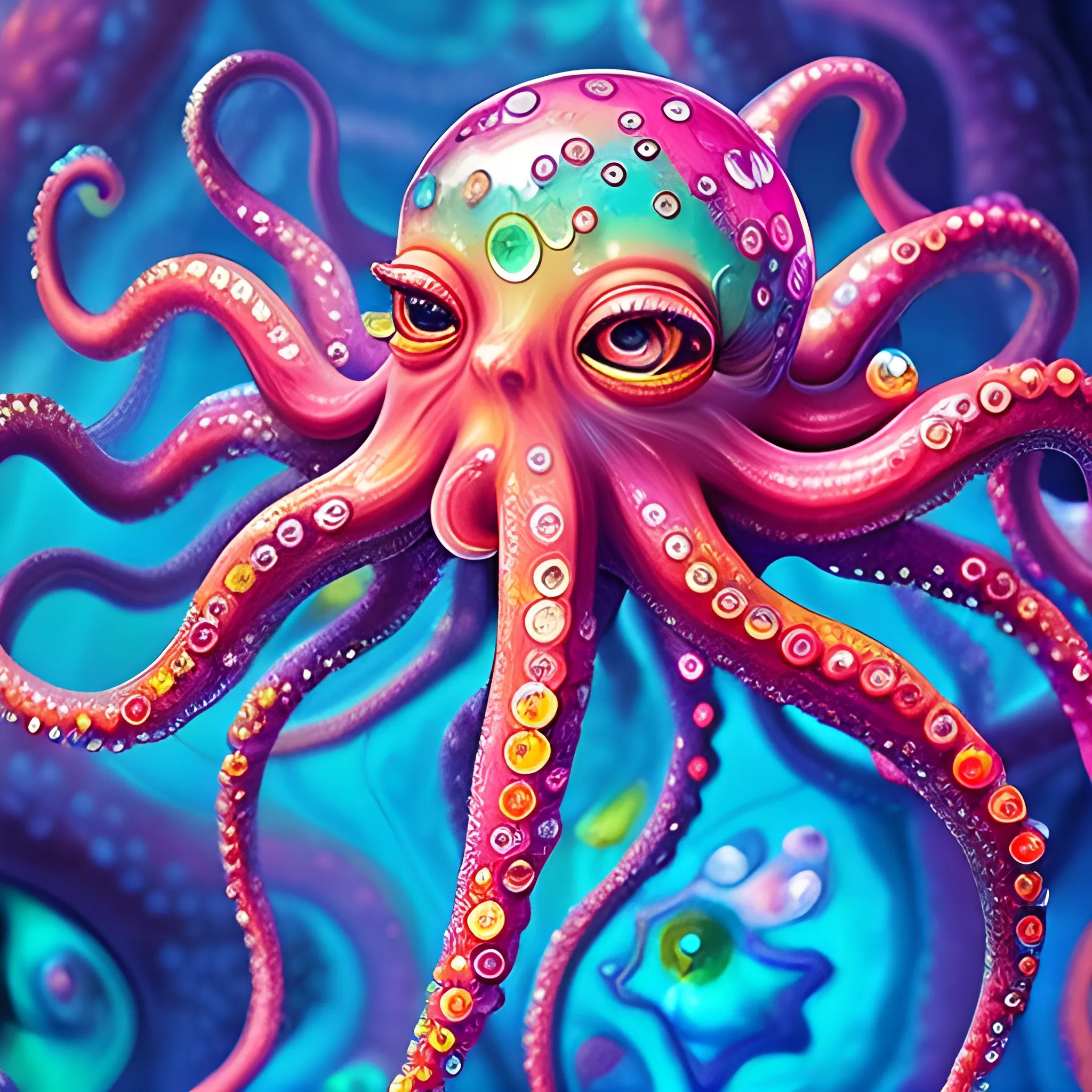 create a  crystal statue of  a female human face  to look like a crazy octopus, close up, saturated colors, surrealism, chaotic background many  crystal octopuses floating around  3D, Trippy, eerie atmosphere, close up, illustration, angular perspective, Oil Painting, Water Color