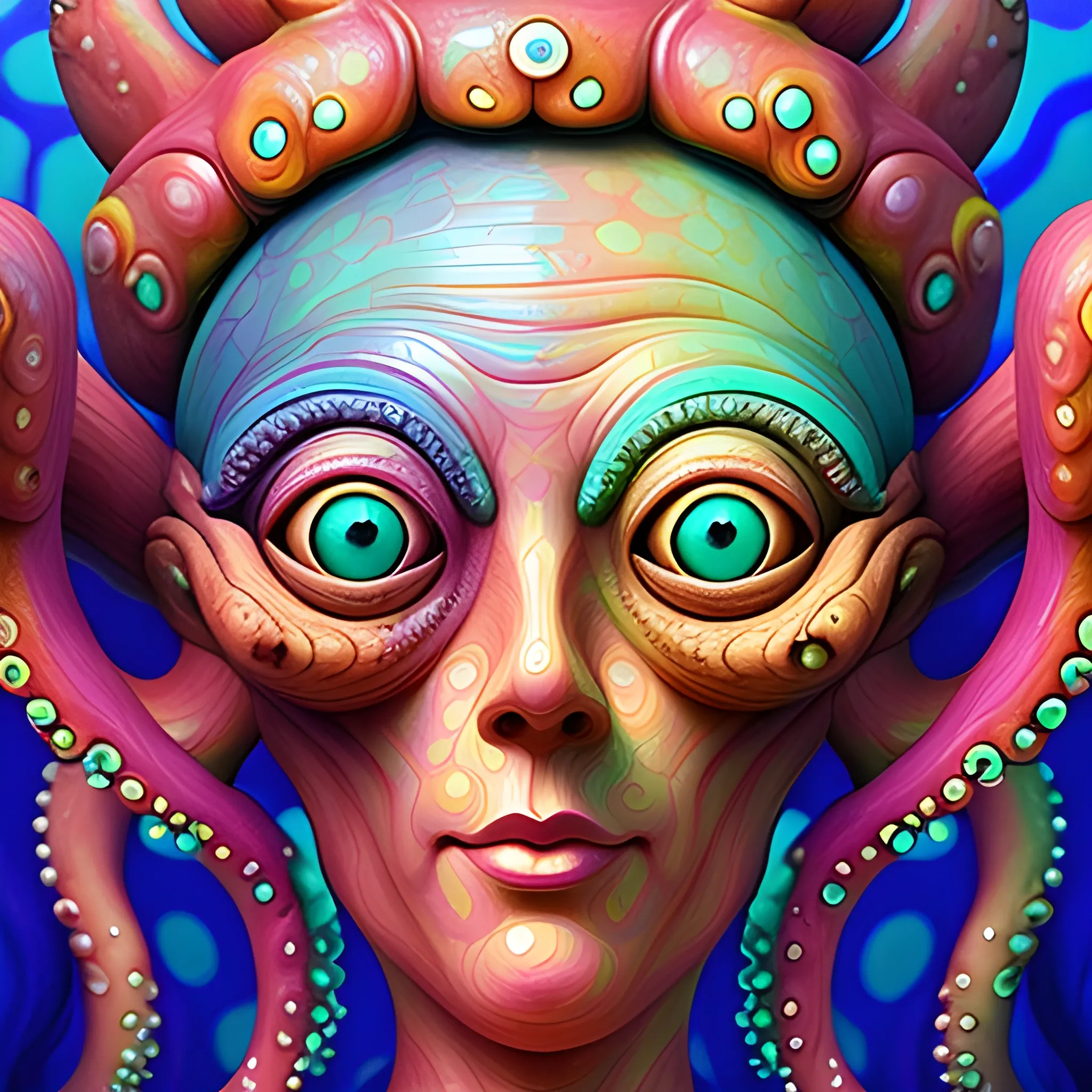 create a  wood statue of  a whimsical female human face  to look like a crazy octopus, close up, saturated colors, surrealism, chaotic background many  crystal octopuses floating around  3D, Trippy, eerie atmosphere, close up, illustration, angular perspective, Oil Painting, Water Color