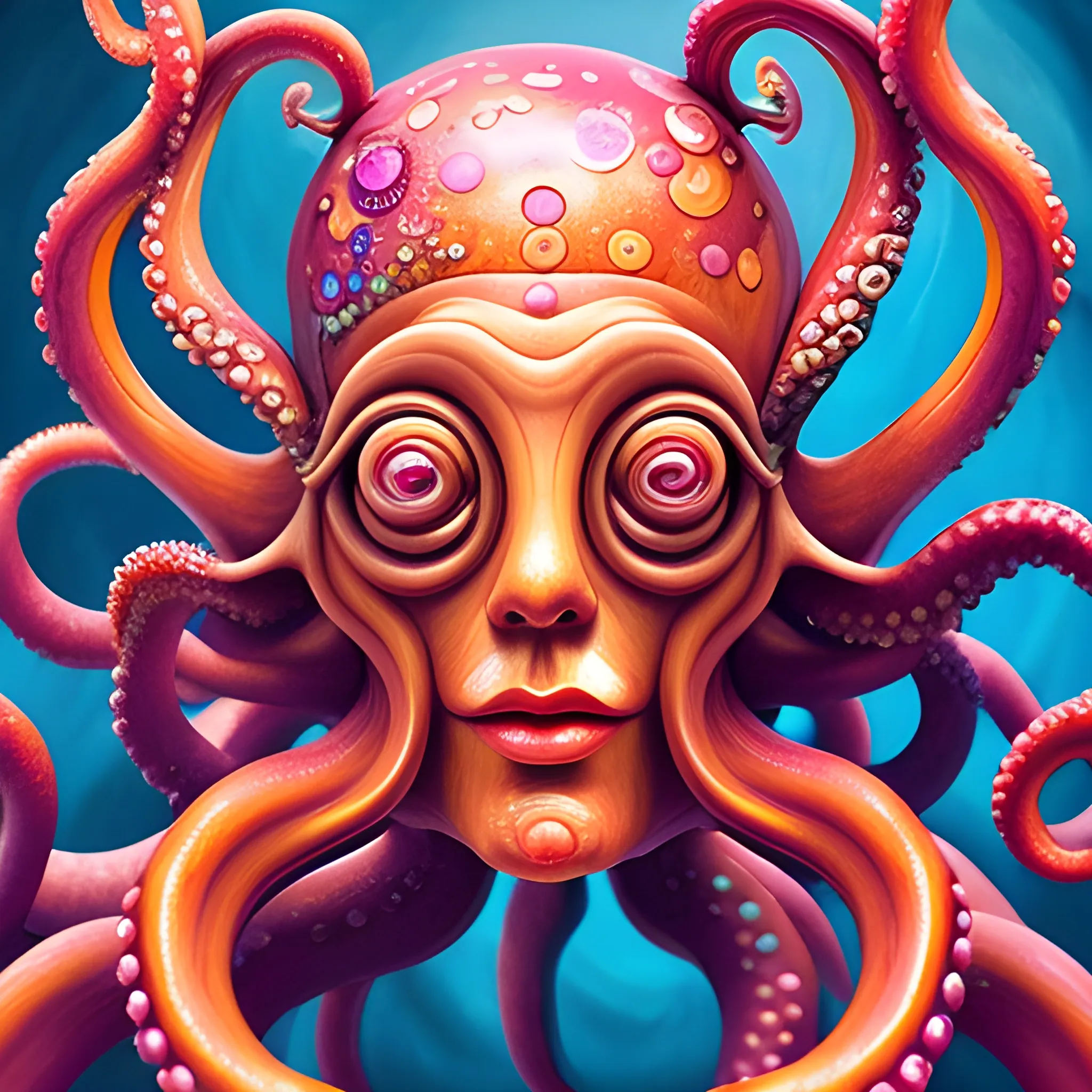 create a  wood statue of  a whimsical female human face  to look like a crazy octopus, close up, saturated colors, surrealism, chaotic background many  crystal octopuses floating around  3D, Trippy, eerie atmosphere, close up, illustration, angular perspective, Oil Painting, Water Color