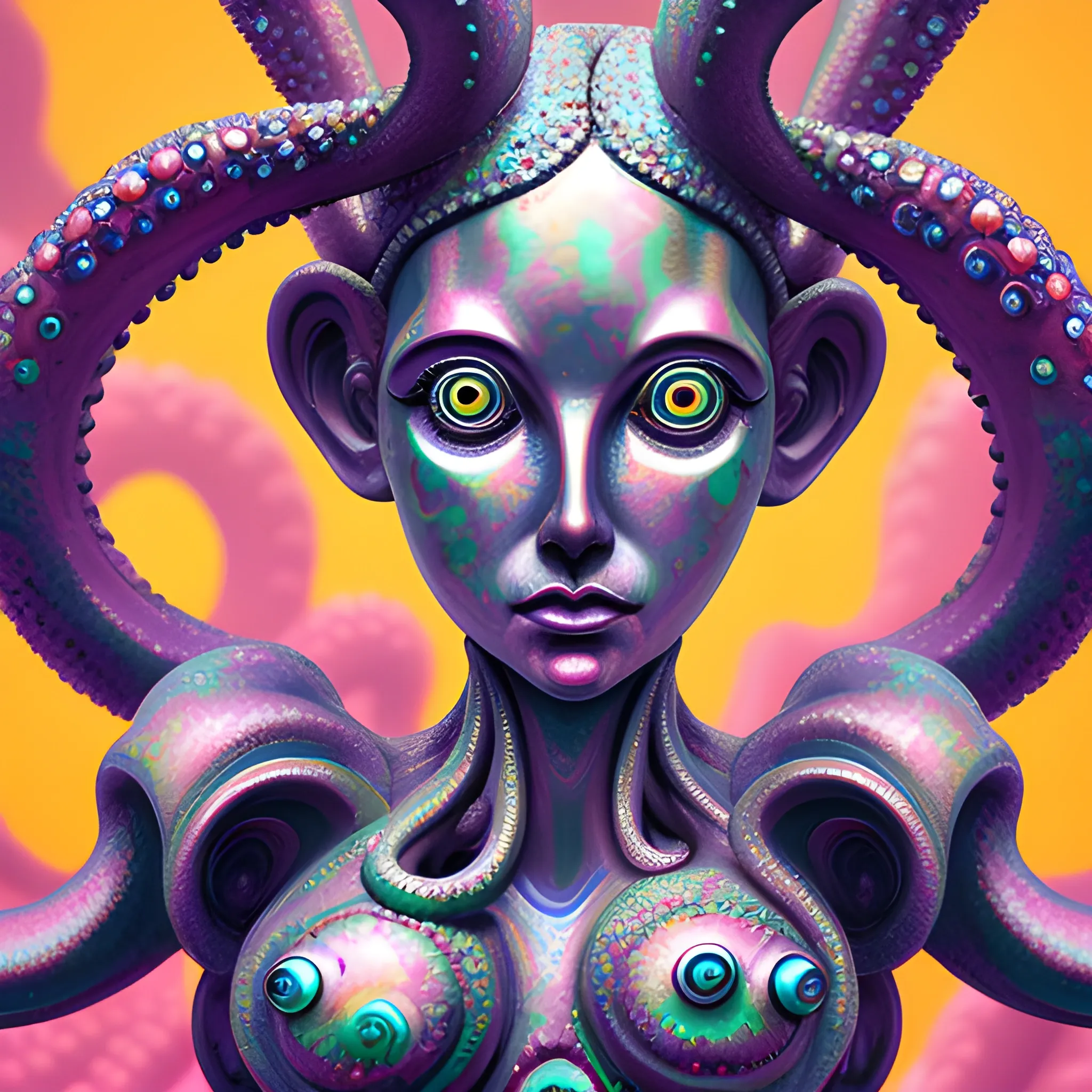 create a  steel statue of  a whimsical female human face  to look like a crazy octopus, close up, saturated colors, surrealism, chaotic background many  crystal octopuses floating around  3D, Trippy, eerie atmosphere, close up, illustration, angular perspective, Oil Painting, Water Color