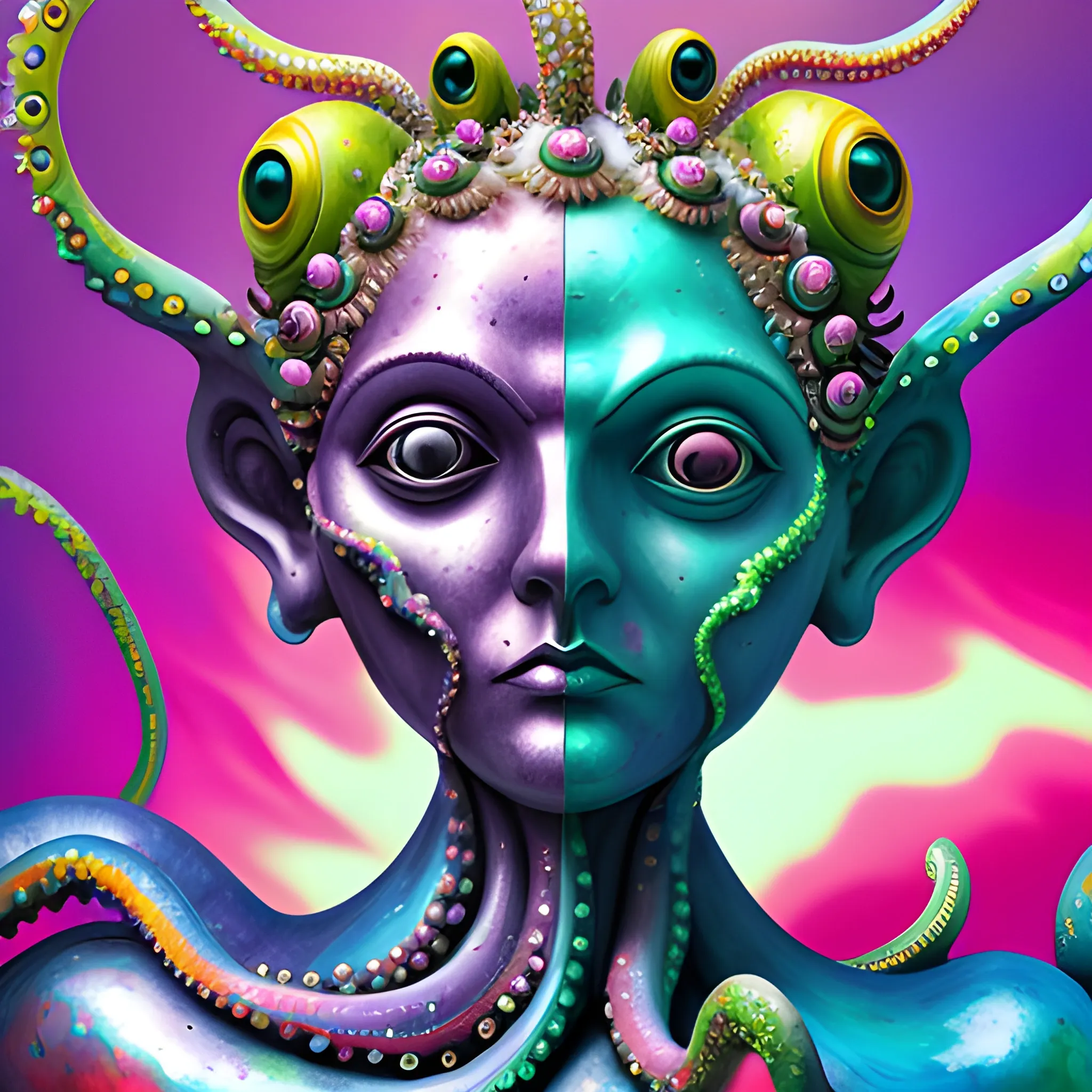 create a  steel statue of  a whimsical female human face  to look like a crazy octopus, close up, saturated colors, surrealism, chaotic background many  crystal octopuses floating around  3D, Trippy, eerie atmosphere, close up, illustration, angular perspective, Oil Painting, Water Color