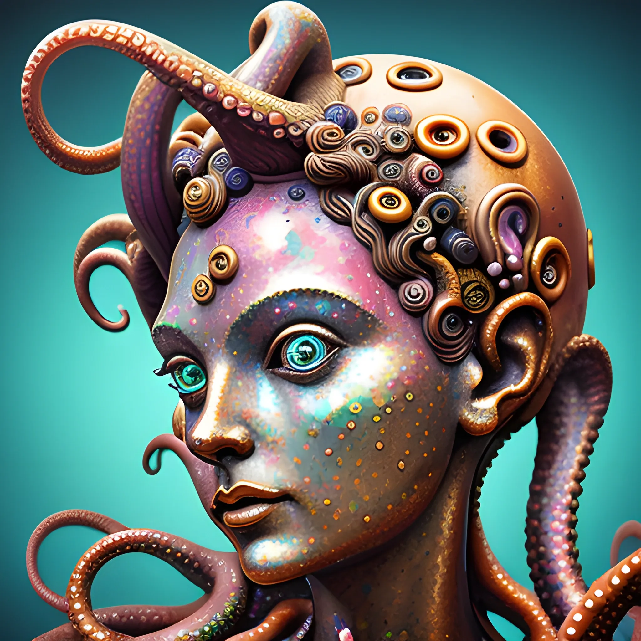create a bronze statue of  a whimsical female human face  to look like a crazy octopus, close up, saturated colors, surrealism, chaotic background many  crystal octopuses floating around  3D, Trippy, eerie atmosphere, close up, illustration, angular perspective, Oil Painting, Water Color