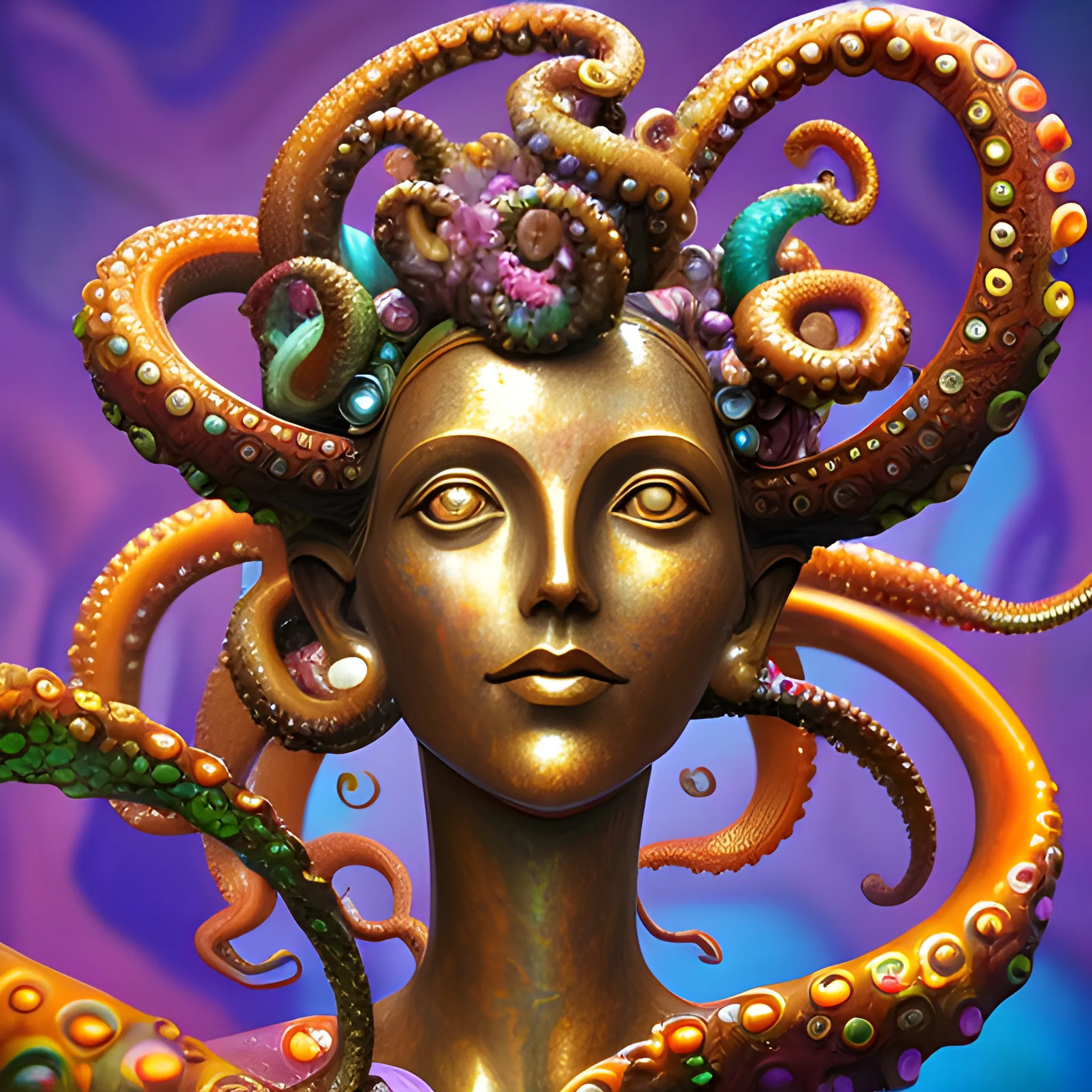 create a bronze statue of  a whimsical female human face  to look like a crazy octopus, close up, saturated colors, surrealism, chaotic background many  crystal octopuses floating around  3D, Trippy, eerie atmosphere, close up, illustration, angular perspective, Oil Painting, Water Color