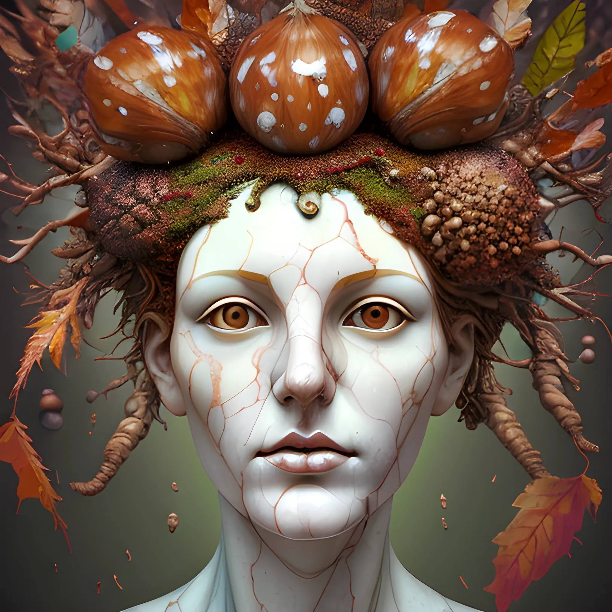  create a marble statue of a female human face to look like many crazy chestnuts, close up, saturated colors, surrealism, chaotic background many chestnuts and chestnut leaves floating around  3D, Trippy, eerie atmosphere, close up, illustration, angular perspective, Oil Painting, Water Color