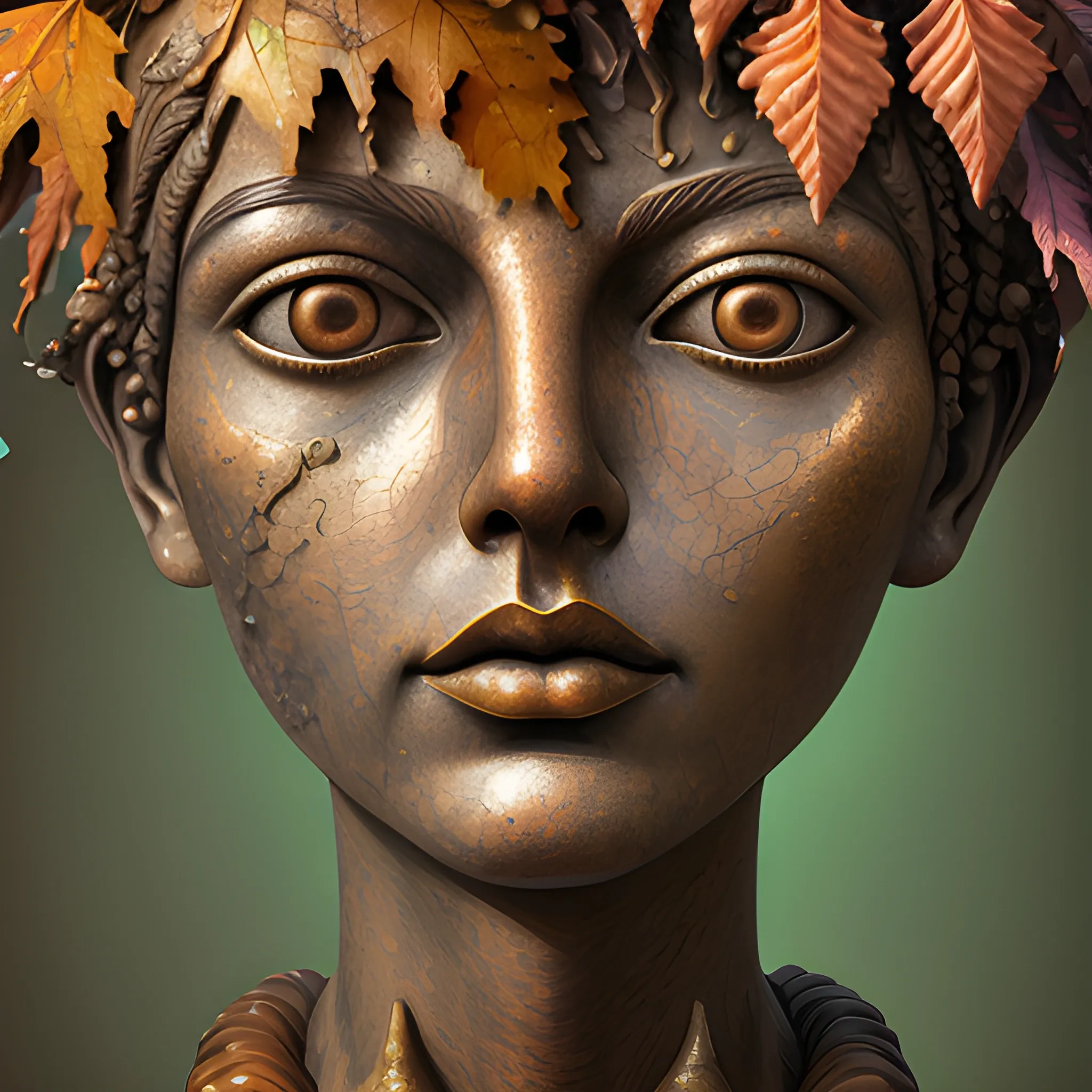 create a bronze statue of a female human face to look like many crazy chestnuts, close up, saturated colors, surrealism, chaotic background many chestnuts and chestnut leaves floating around  3D, Trippy, eerie atmosphere, close up, illustration, angular perspective, Oil Painting, Water Color