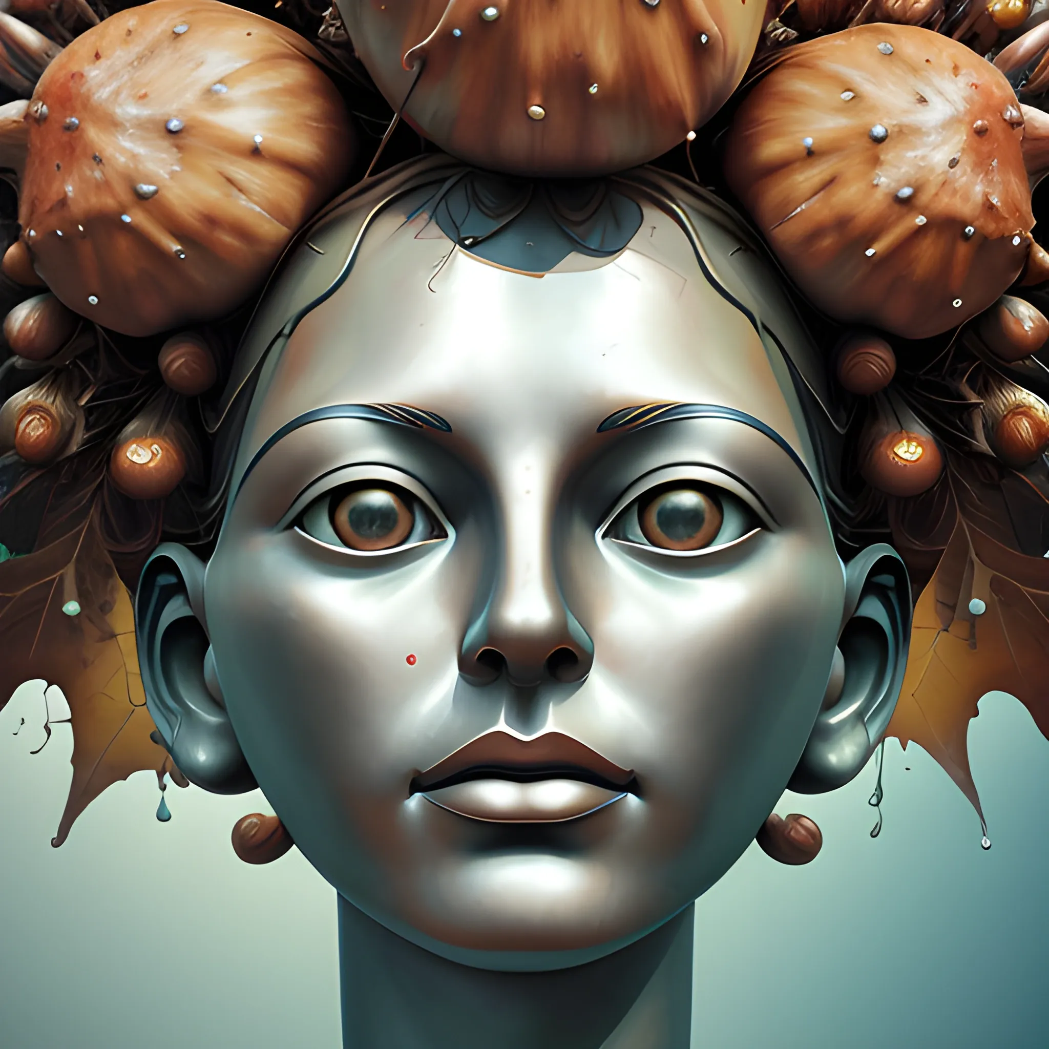 create a steel statue of a female human face to look like many crazy chestnuts, close up, saturated colors, surrealism, chaotic background many chestnuts and chestnut leaves floating around  3D, Trippy, eerie atmosphere, close up, illustration, angular perspective, Oil Painting, Water Color