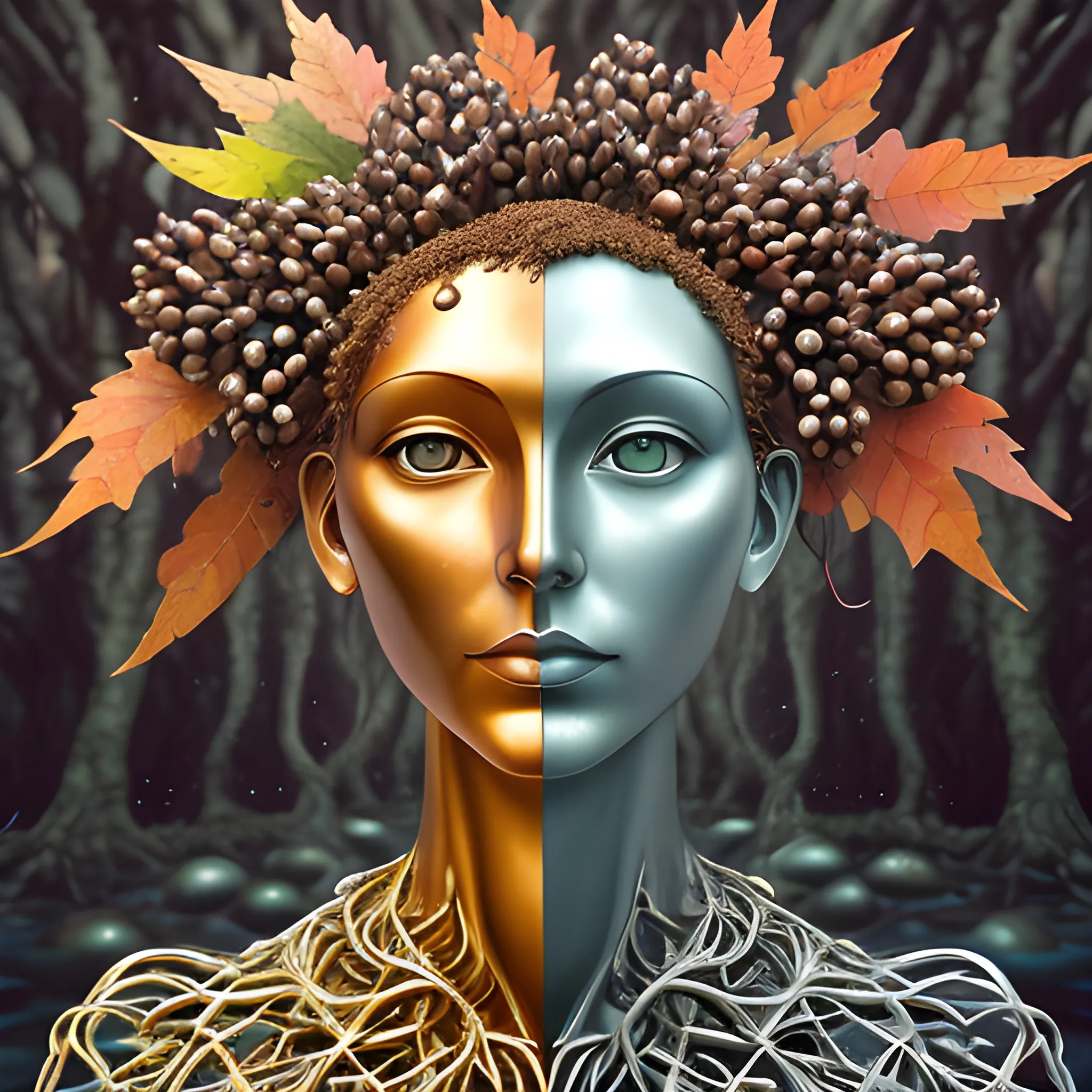create a steel statue of a female human face to look like many crazy chestnuts, close up, saturated colors, surrealism, chaotic background many chestnuts and chestnut leaves floating around  3D, Trippy, eerie atmosphere, close up, illustration, angular perspective, Oil Painting, Water Color