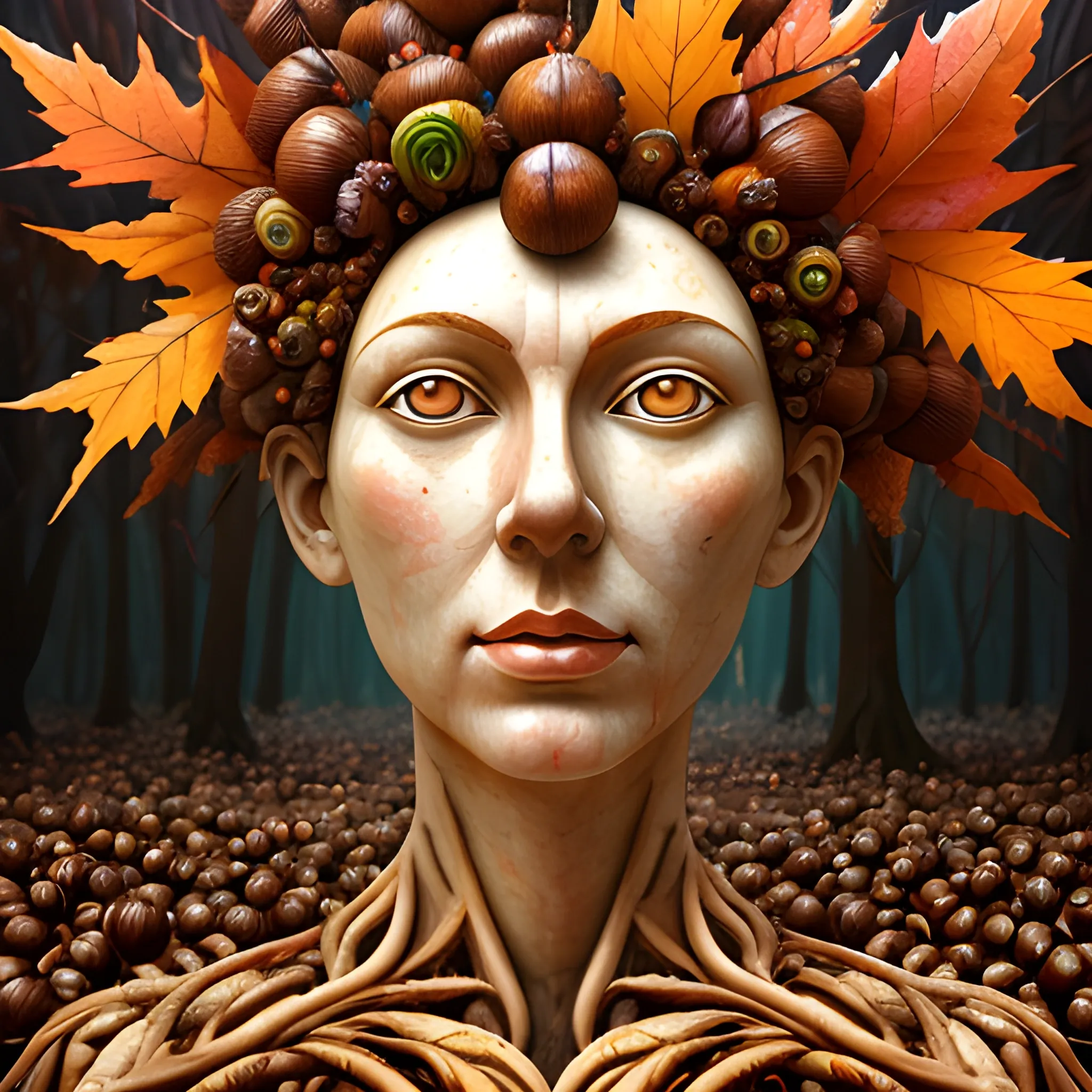 create a wood statue of a female human face to look like many crazy chestnuts, close up, saturated colors, surrealism, chaotic background many chestnuts and chestnut leaves floating around  3D, Trippy, eerie atmosphere, close up, illustration, angular perspective, Oil Painting, Water Color