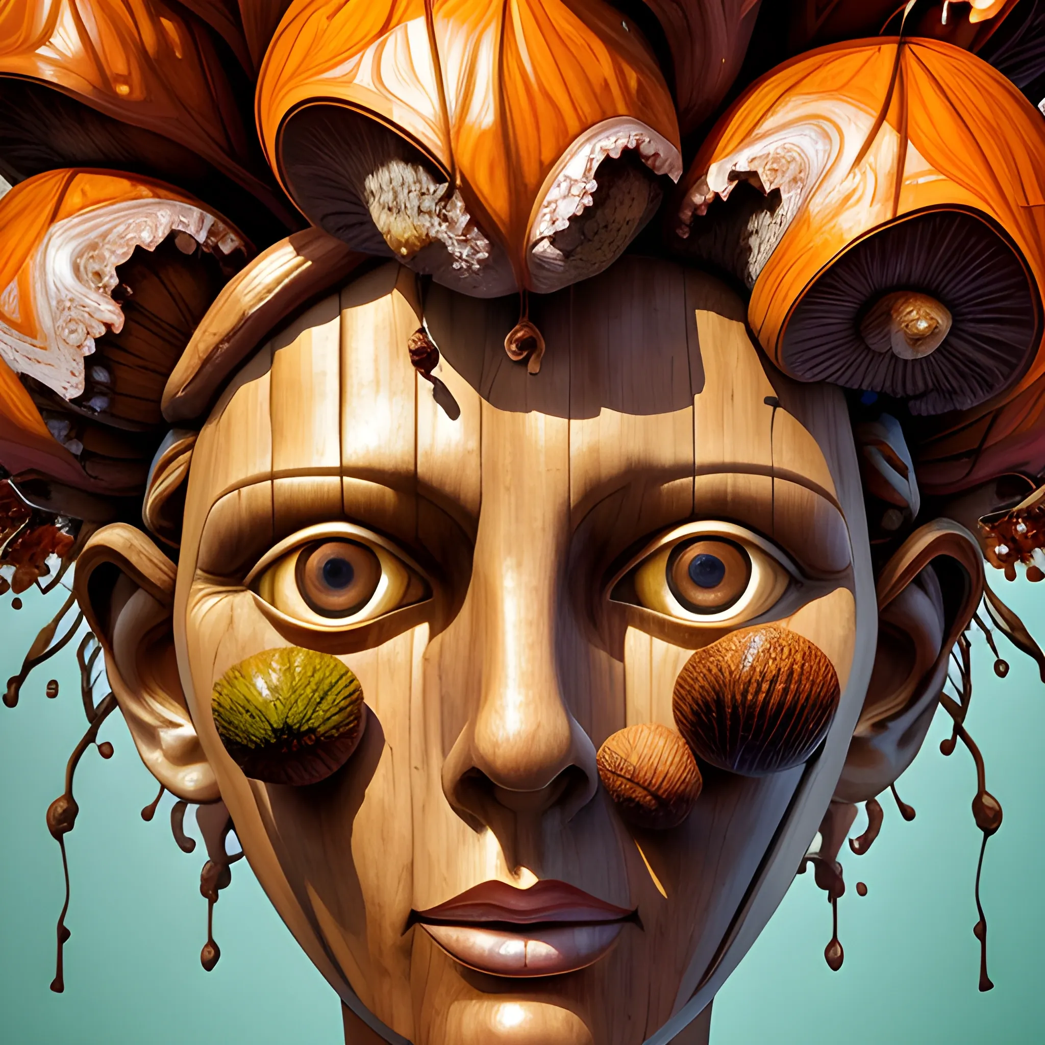 create a wood statue of a female human face to look like many crazy chestnuts, close up, saturated colors, surrealism, chaotic background many chestnuts and chestnut leaves floating around  3D, Trippy, eerie atmosphere, close up, illustration, angular perspective, Oil Painting, Water Color