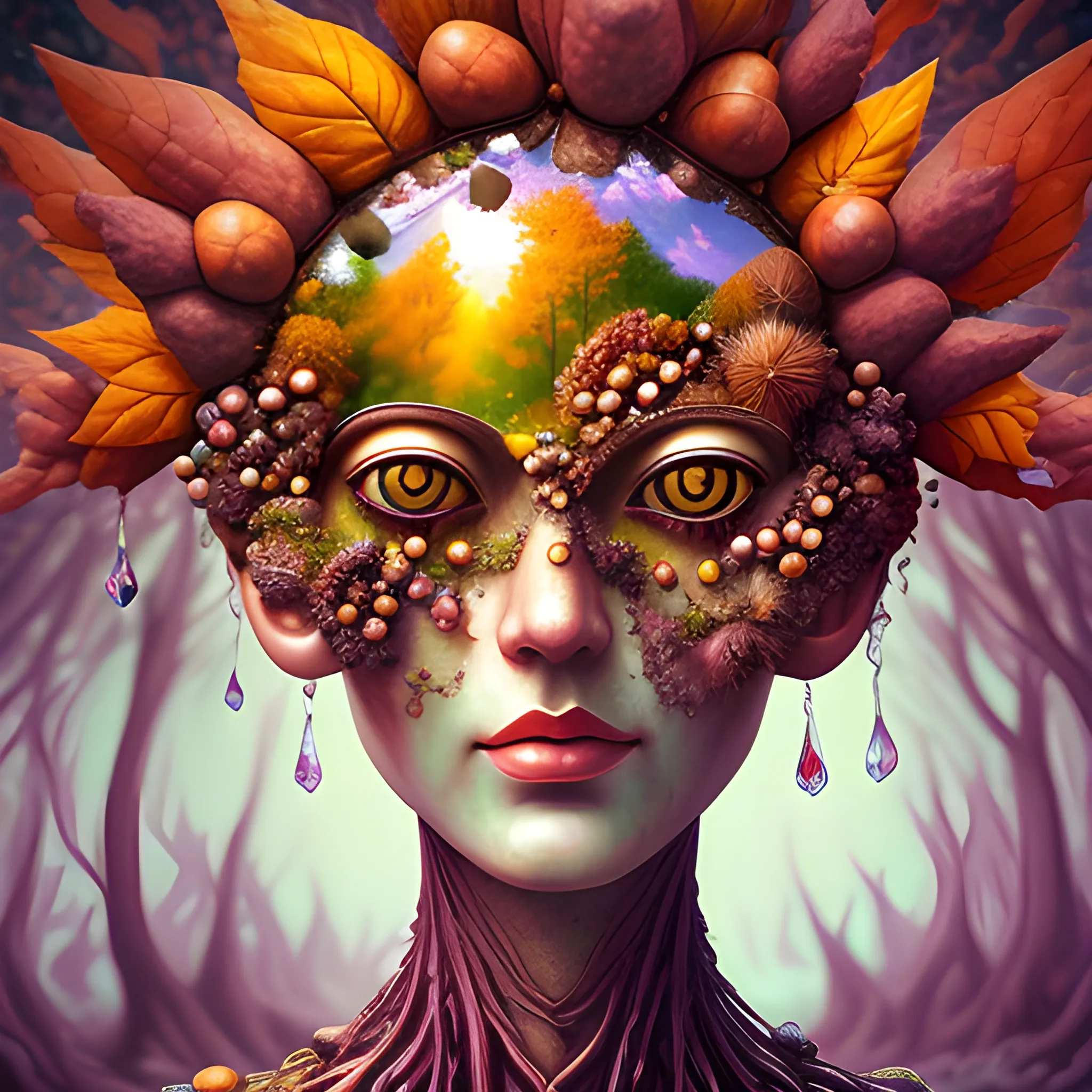 create a crystal statue of a female human face to look like many crazy chestnuts, close up, saturated colors, surrealism, chaotic background many chestnuts and chestnut leaves floating around  3D, Trippy, eerie atmosphere, close up, illustration, angular perspective, Oil Painting, Water Color
