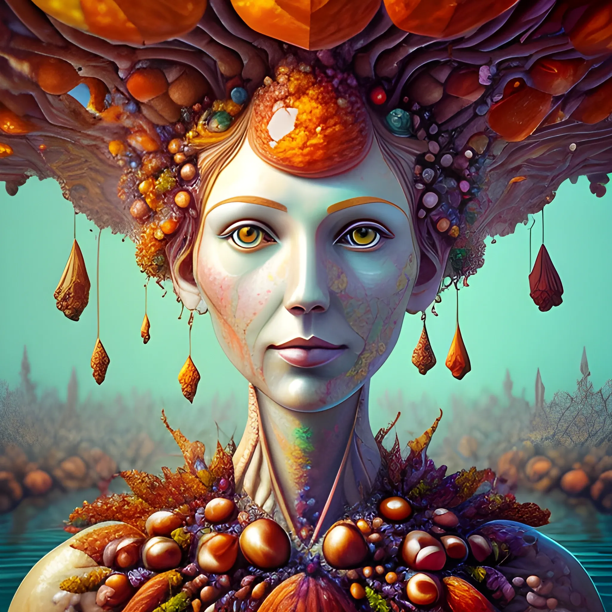 create a crystal statue of a female human face to look like many crazy chestnuts, close up, saturated colors, surrealism, chaotic background many chestnuts and chestnut leaves floating around  3D, Trippy, eerie atmosphere, close up, illustration, angular perspective, Oil Painting, Water Color